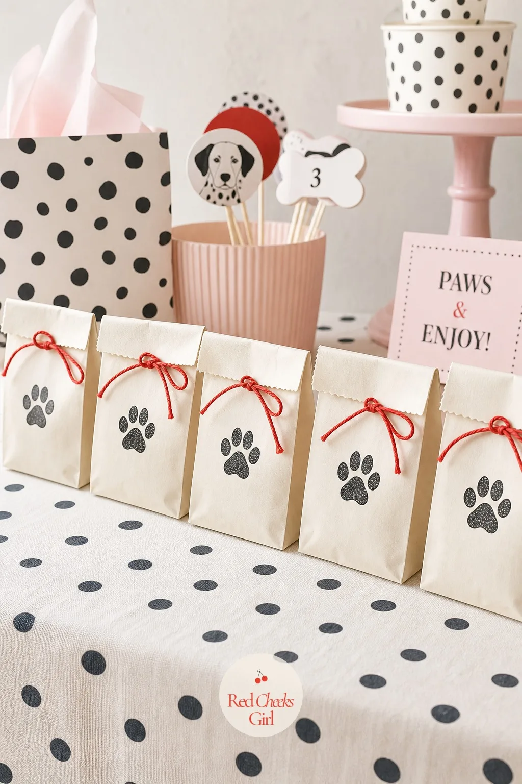Kibble Bag Favor Boxes — The favour bag sets the last impression of the whole party, and a small cream paper bag printed to look like a mini kibble sack does