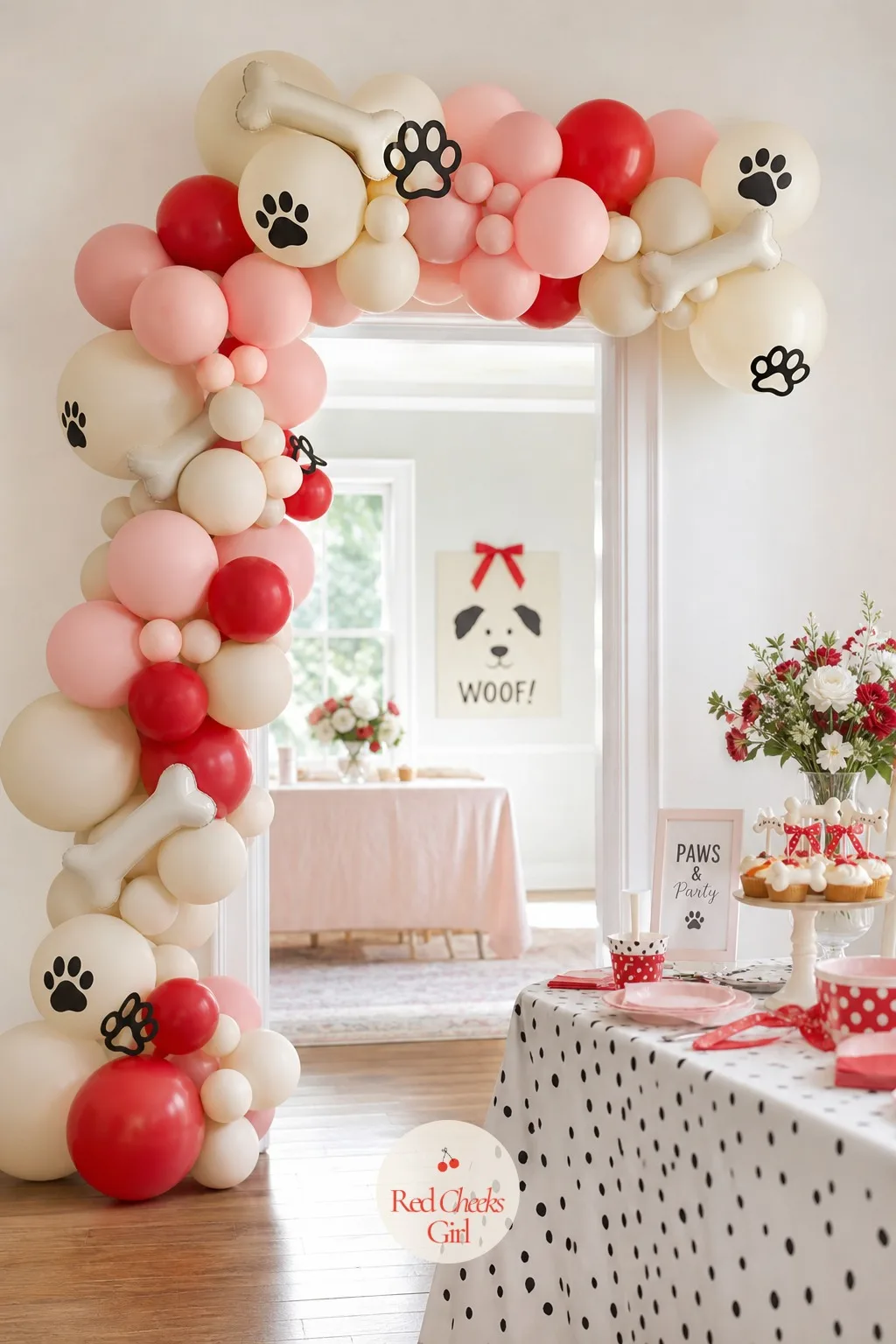Paw Print Balloon Garland Arch — Walk into the room and this is what she sees first: a loose, cloud shaped sweep of balloons in cream, blush and red, scattered