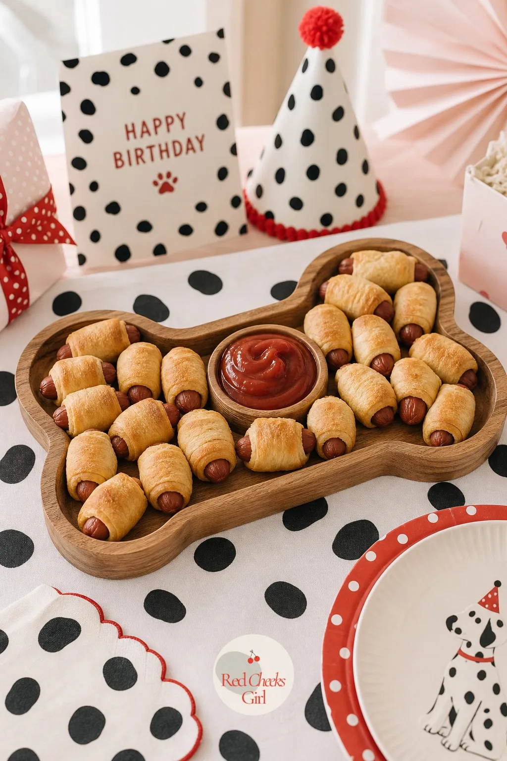 Pigs in a Blanket on a Bone Shaped Tray — The savoury end of the table needs a showpiece too, and a platter of pigs in a blanket laid out on a bone shaped