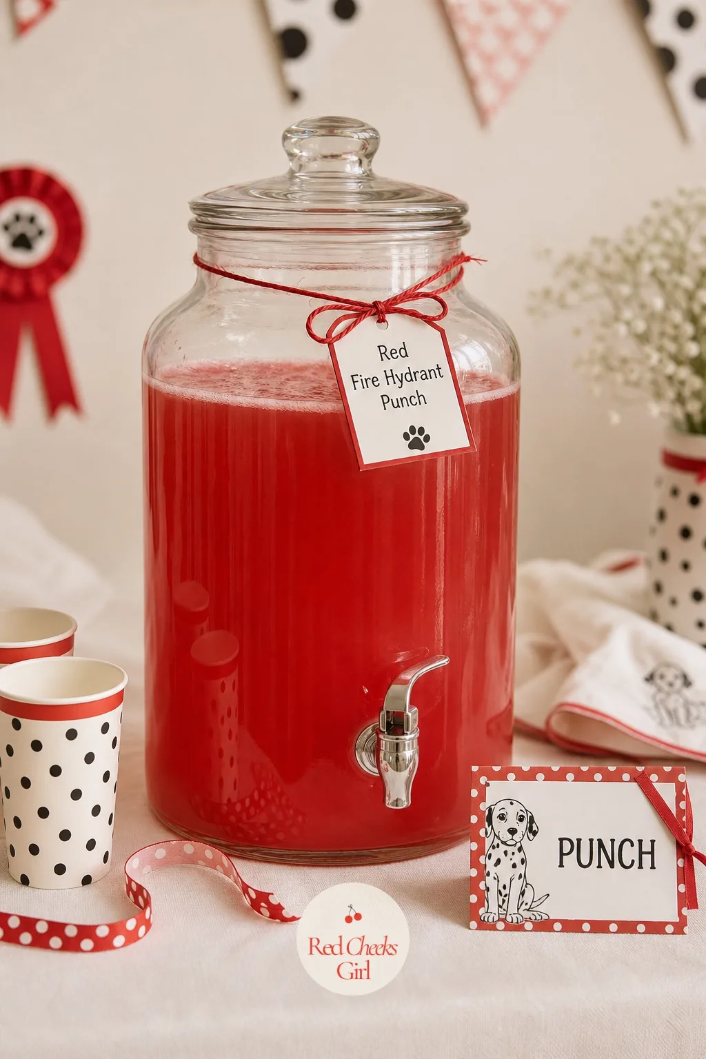 Red Fire Hydrant Punch — Every dessert table needs one drink that looks like it belongs to the theme rather than just matching the colour scheme, and a bright