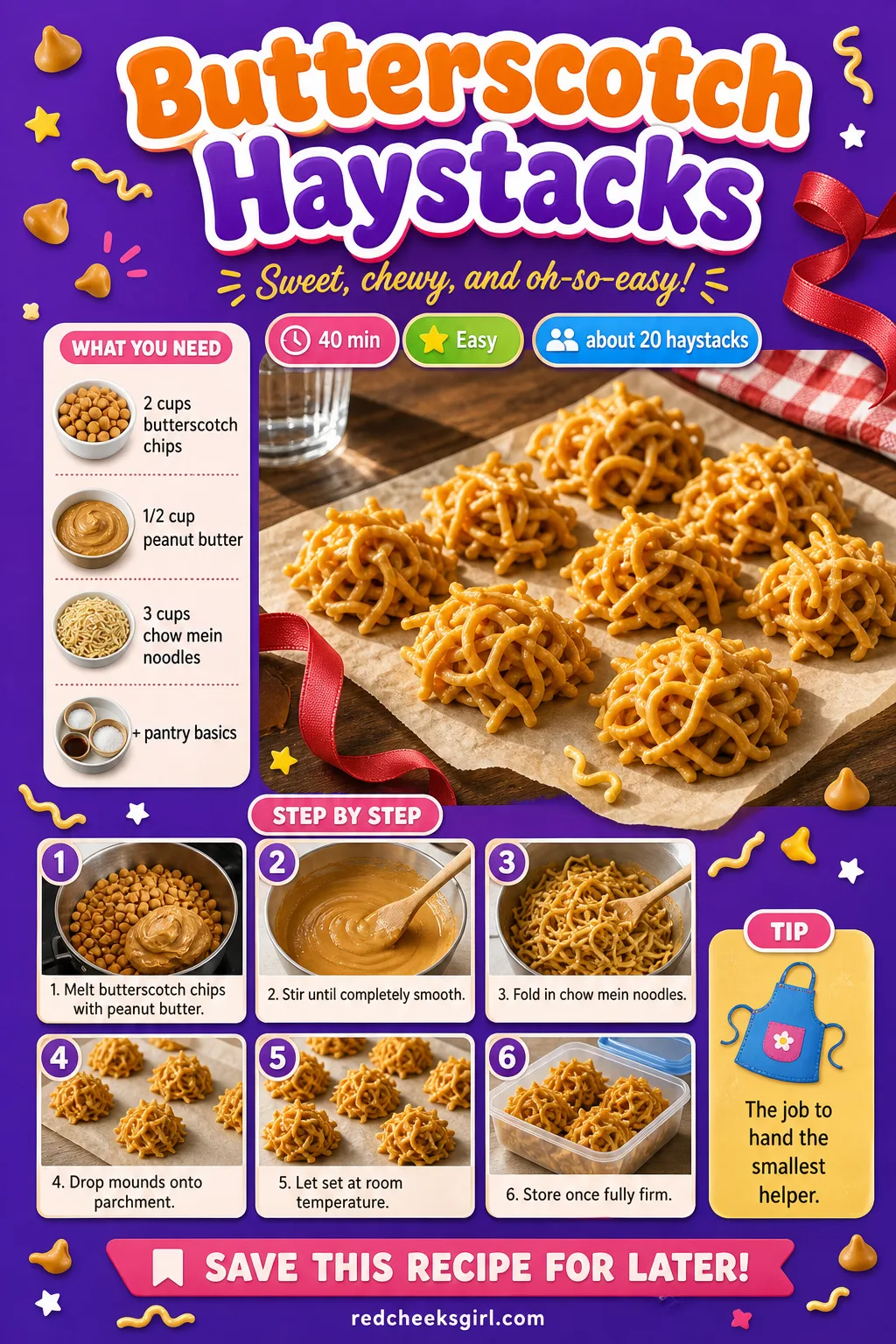 Butterscotch Haystacks Recipe Card printable sheet — Printable card with ingredients and steps for butterscotch haystacks. Easy christmas cookies
