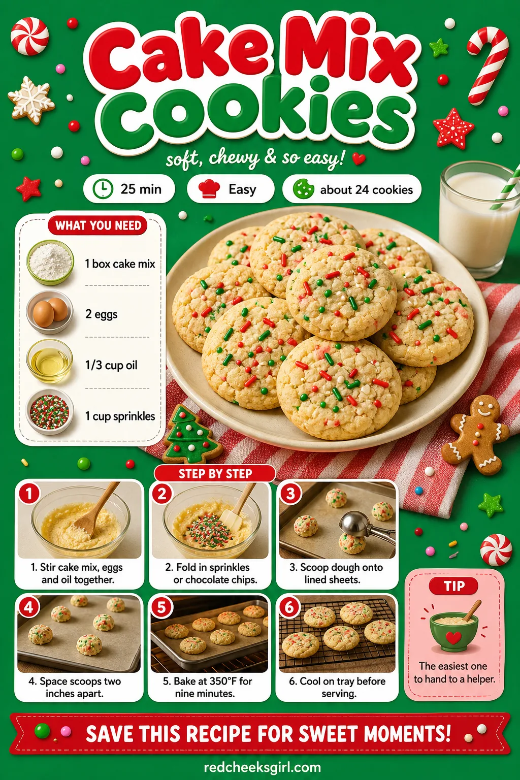 Cake Mix Cookies Recipe Card printable sheet — Printable card with ingredients and steps for cake mix cookies. Easy christmas cookies