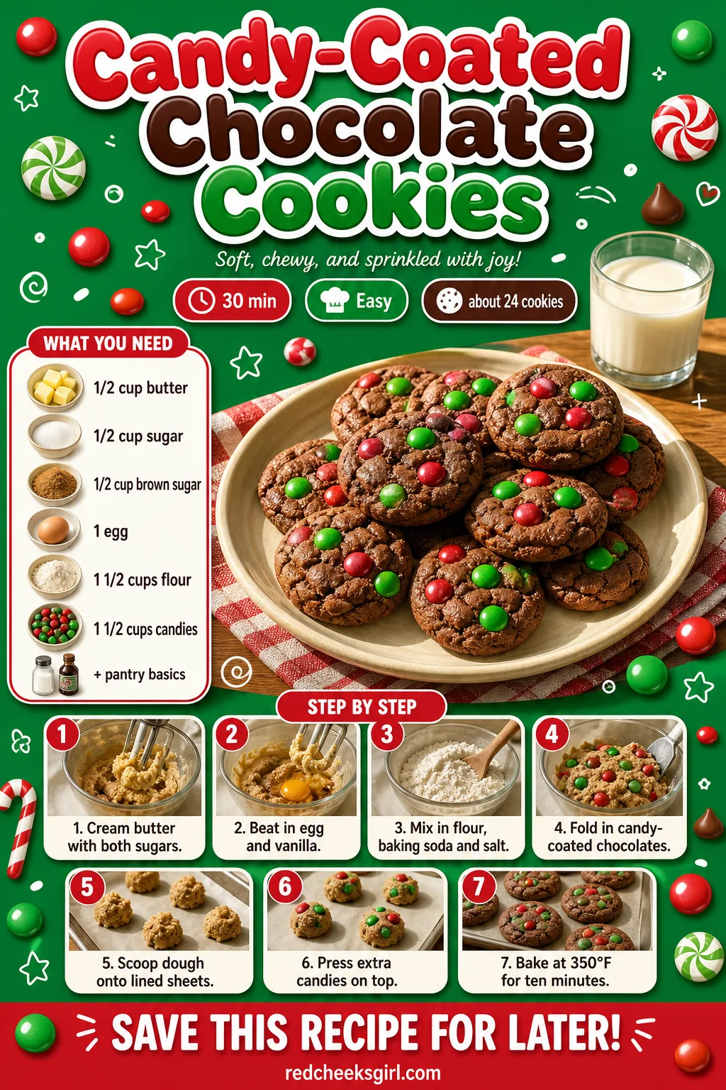 Candy-Coated Chocolate Cookies Recipe Card printable sheet — Printable card with ingredients and steps for candy-coated chocolate cookies. Easy christmas