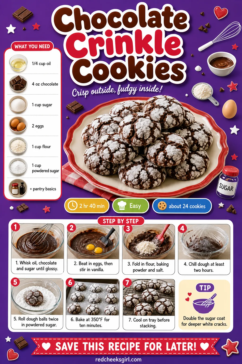 Chocolate Crinkle Cookies Recipe Card printable sheet — Printable card with ingredients and steps for chocolate crinkle cookies. Easy christmas cookies