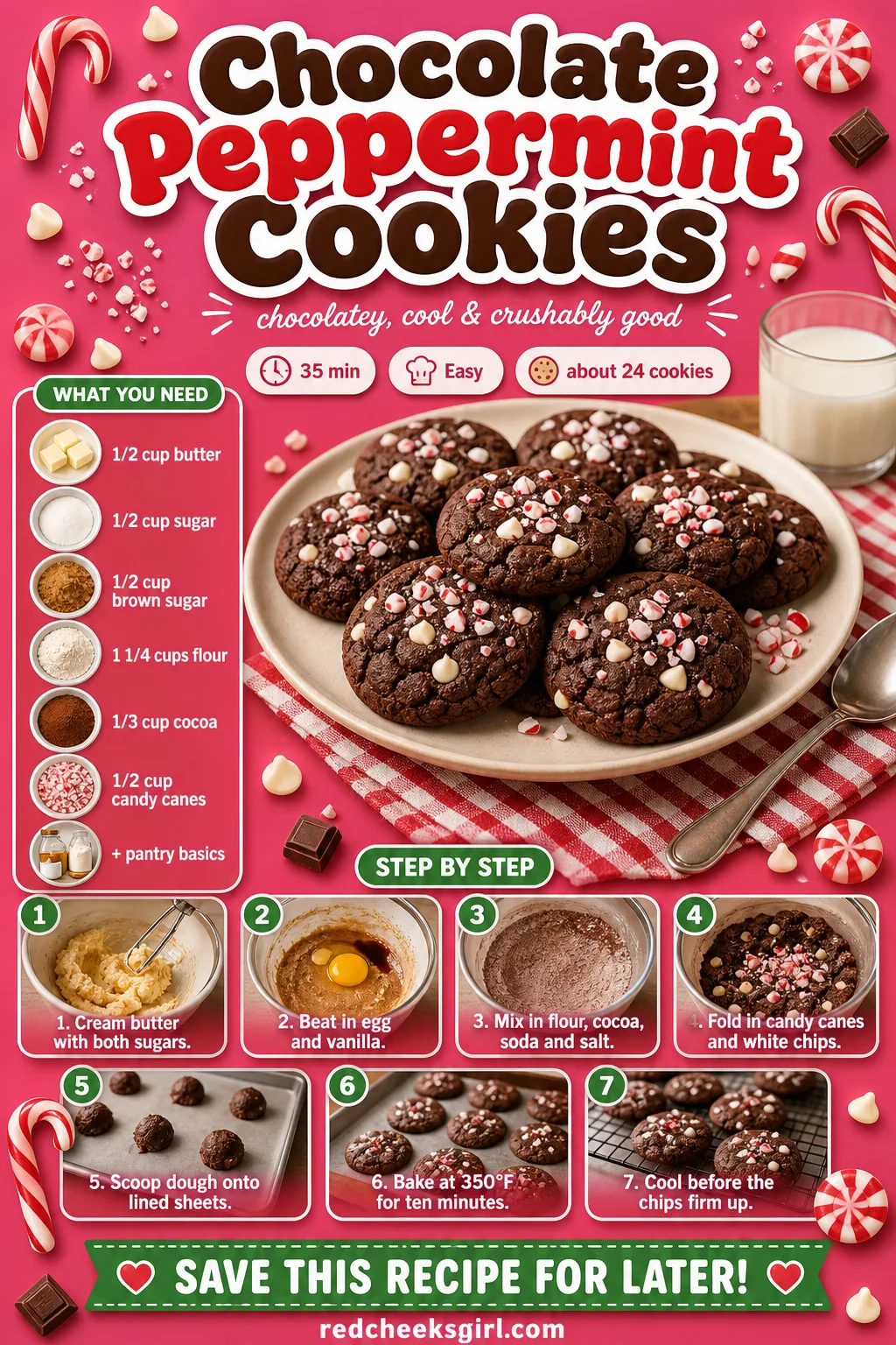Chocolate Peppermint Cookies Recipe Card printable sheet — Printable card with ingredients and steps for chocolate peppermint cookies. Easy christmas cookies