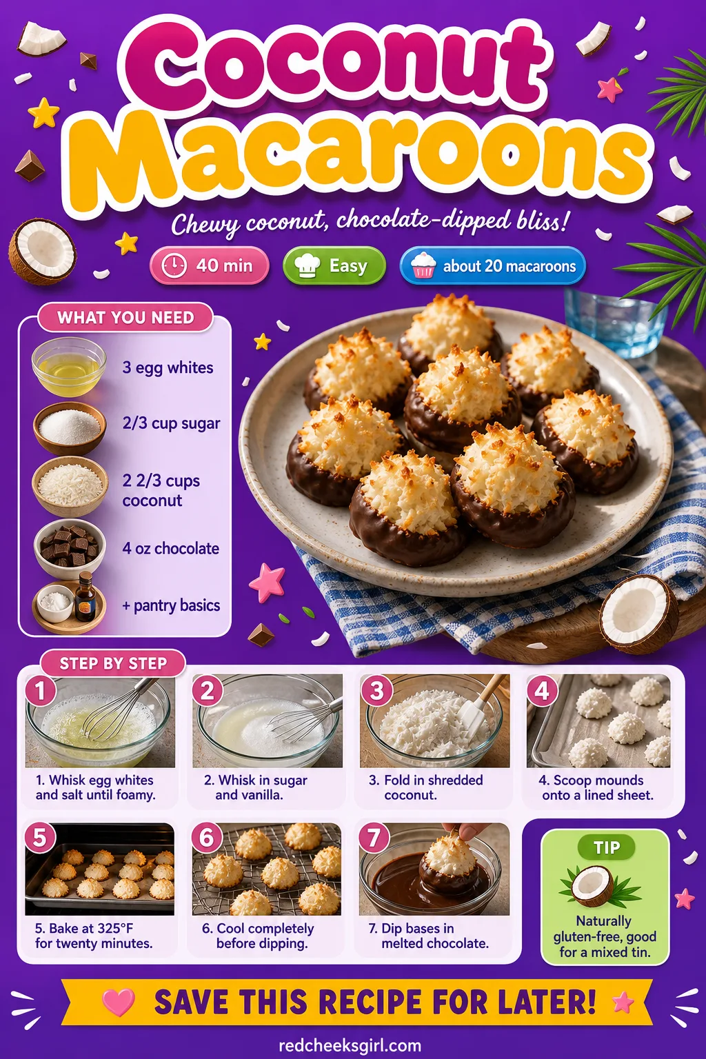 Coconut Macaroons Recipe Card printable sheet — Printable card with ingredients and steps for coconut macaroons. Easy christmas cookies