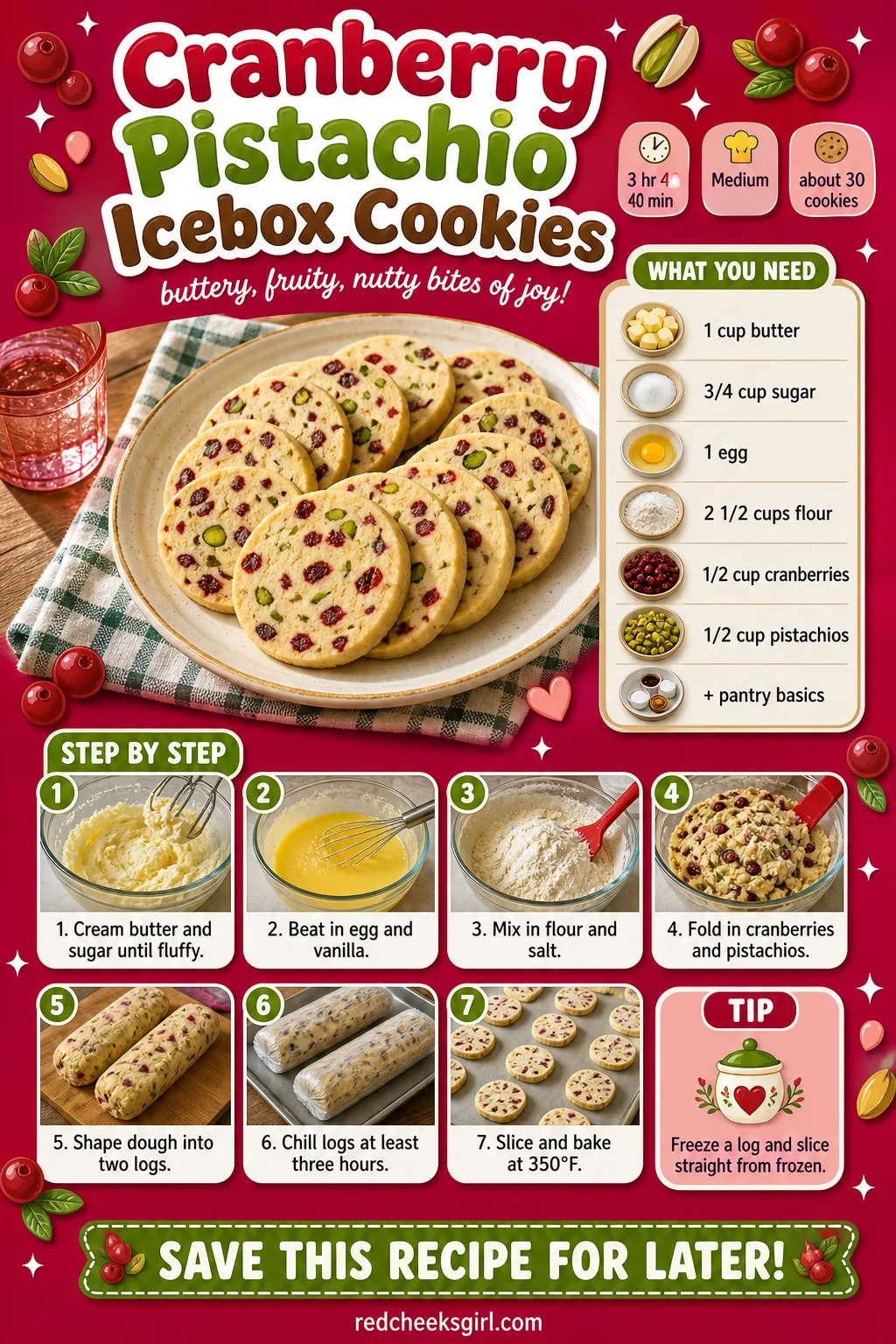 Cranberry Pistachio Icebox Cookies Recipe Card printable sheet — Printable card with ingredients and steps for cranberry pistachio icebox cookies. Easy