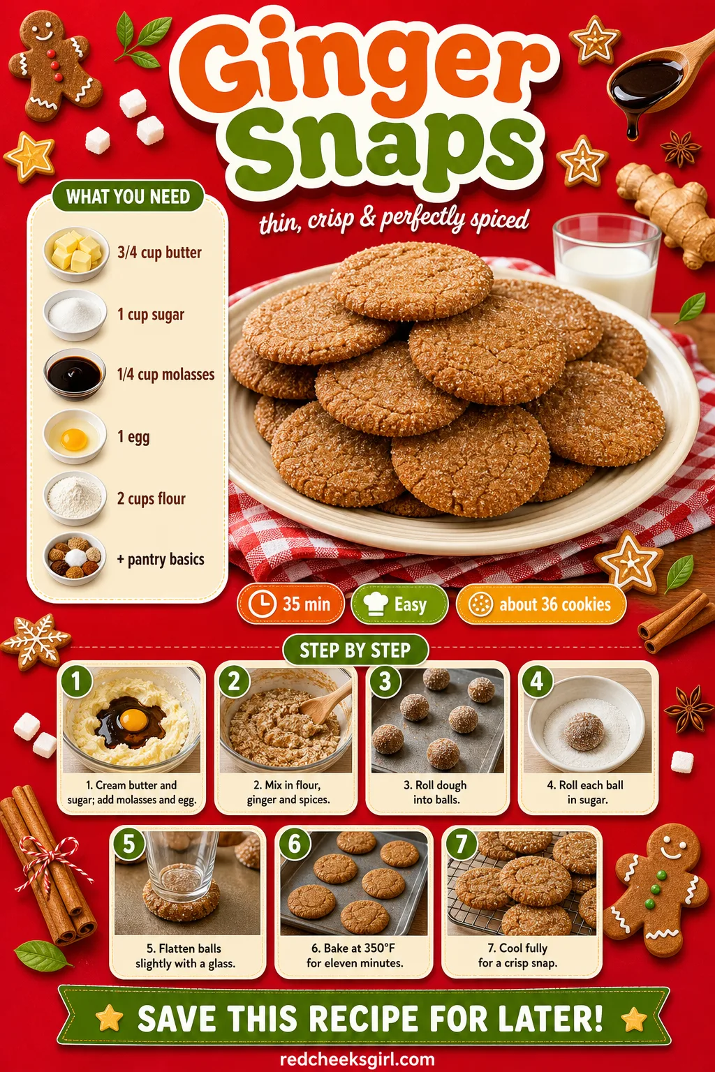 Ginger Snaps Recipe Card printable sheet — Printable card with ingredients and steps for ginger snaps. Easy christmas cookies