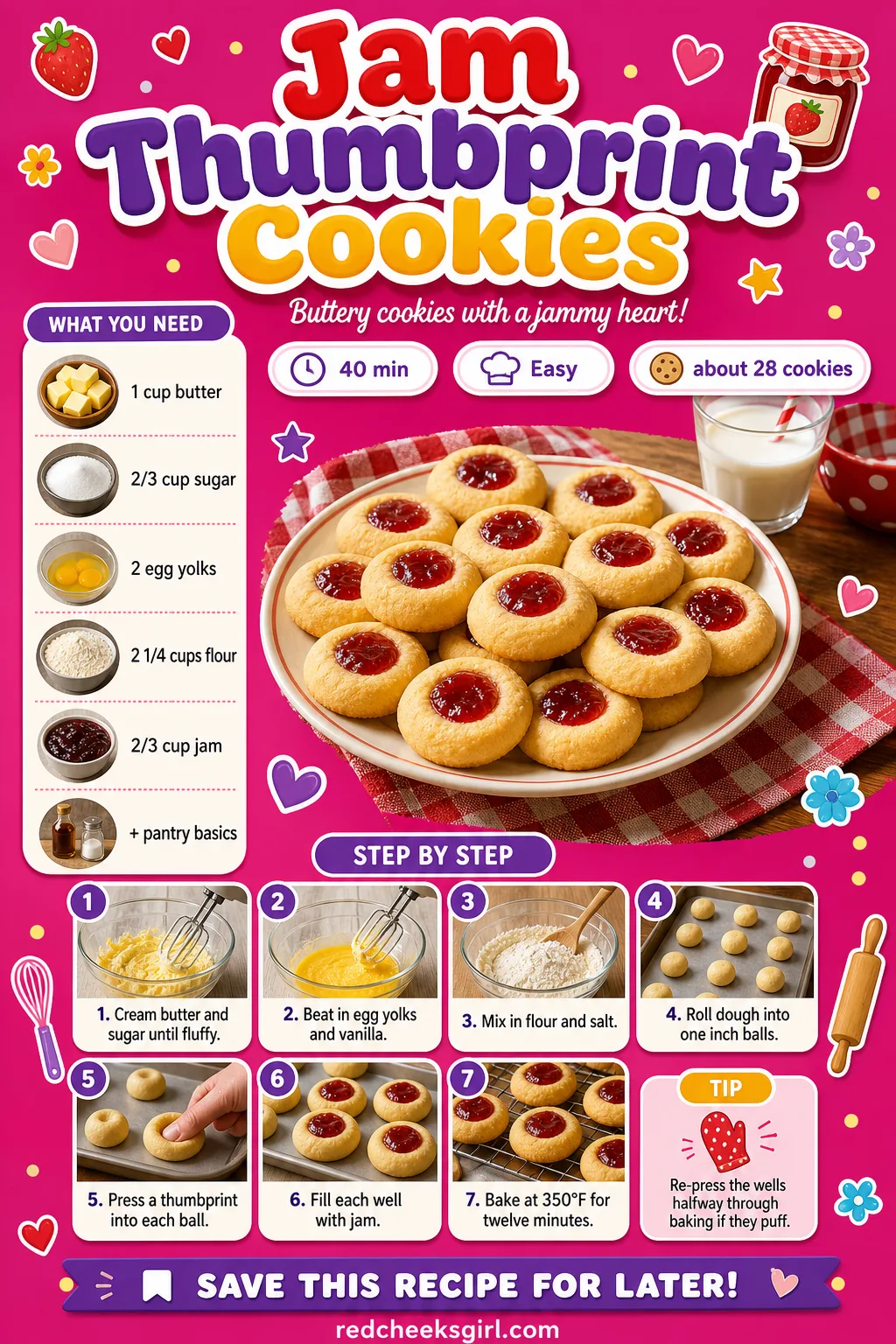 Jam Thumbprint Cookies Recipe Card printable sheet — Printable card with ingredients and steps for jam thumbprint cookies. Easy christmas cookies