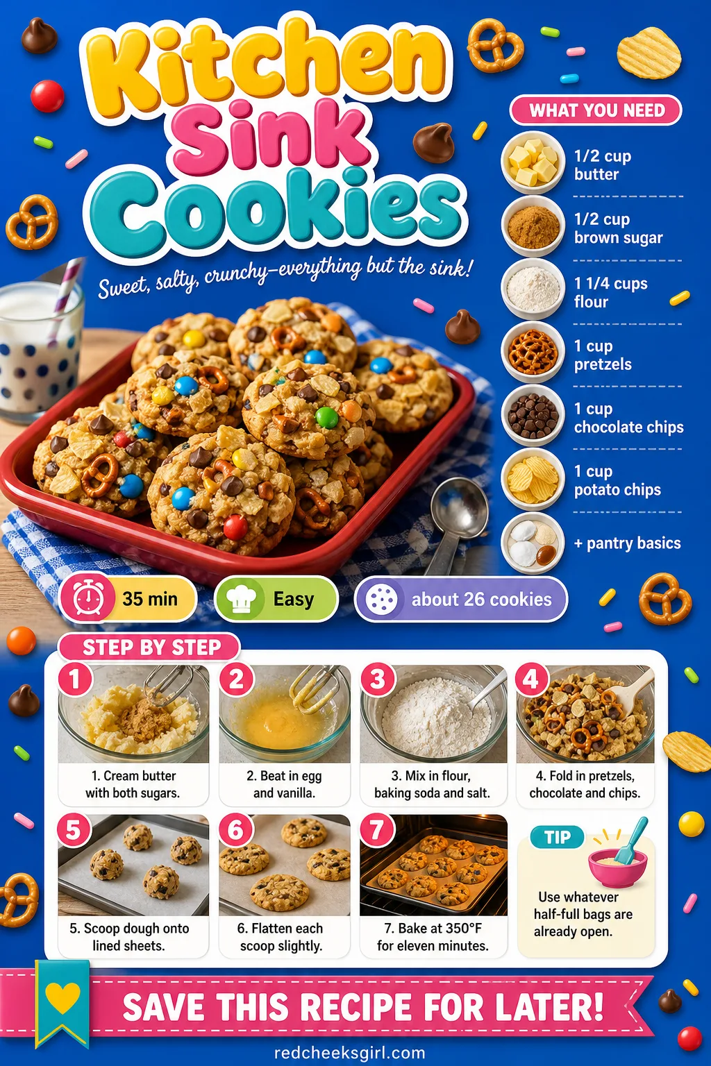 Kitchen Sink Cookies Recipe Card printable sheet — Printable card with ingredients and steps for kitchen sink cookies. Easy christmas cookies