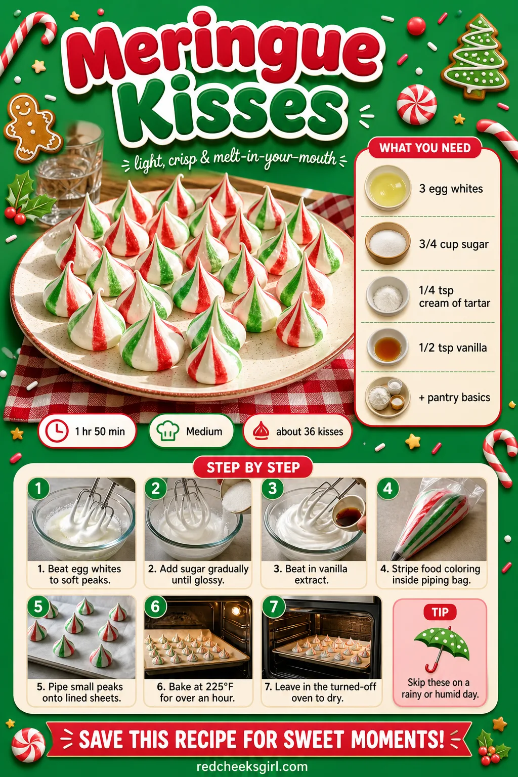 Meringue Kisses Recipe Card printable sheet — Printable card with ingredients and steps for meringue kisses. Easy christmas cookies