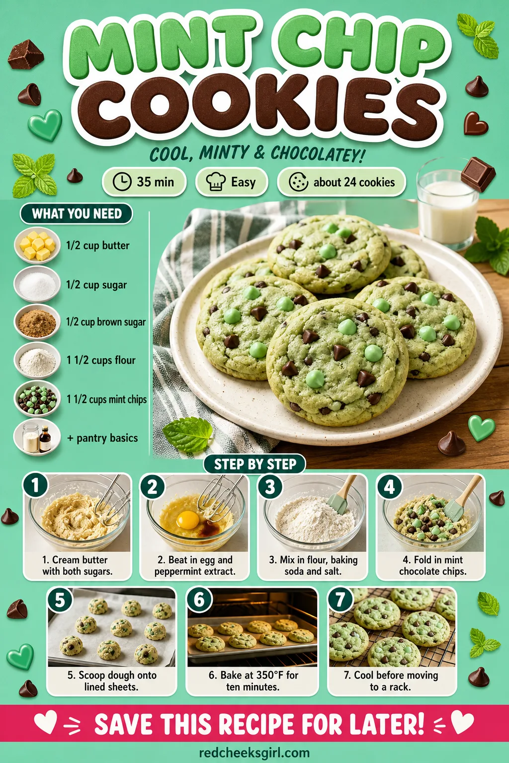 Mint Chip Cookies Recipe Card printable sheet — Printable card with ingredients and steps for mint chip cookies. Easy christmas cookies