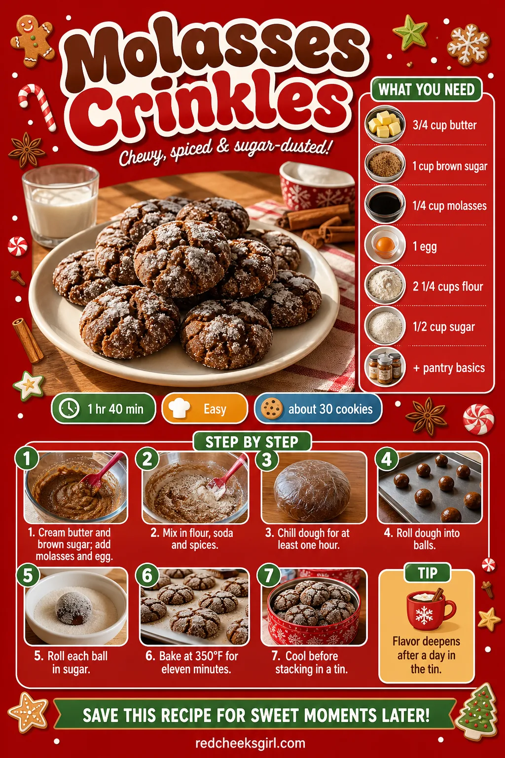 Molasses Crinkles Recipe Card printable sheet — Printable card with ingredients and steps for molasses crinkles. Easy christmas cookies