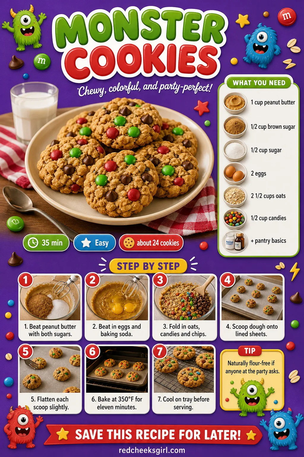 Monster Cookies Recipe Card printable sheet — Printable card with ingredients and steps for monster cookies. Easy christmas cookies