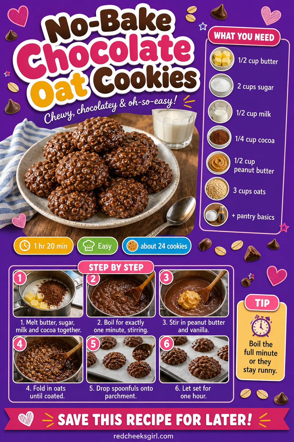 No-Bake Chocolate Oat Cookies Recipe Card printable sheet — Printable card with ingredients and steps for no-bake chocolate oat cookies. Easy christmas cookies