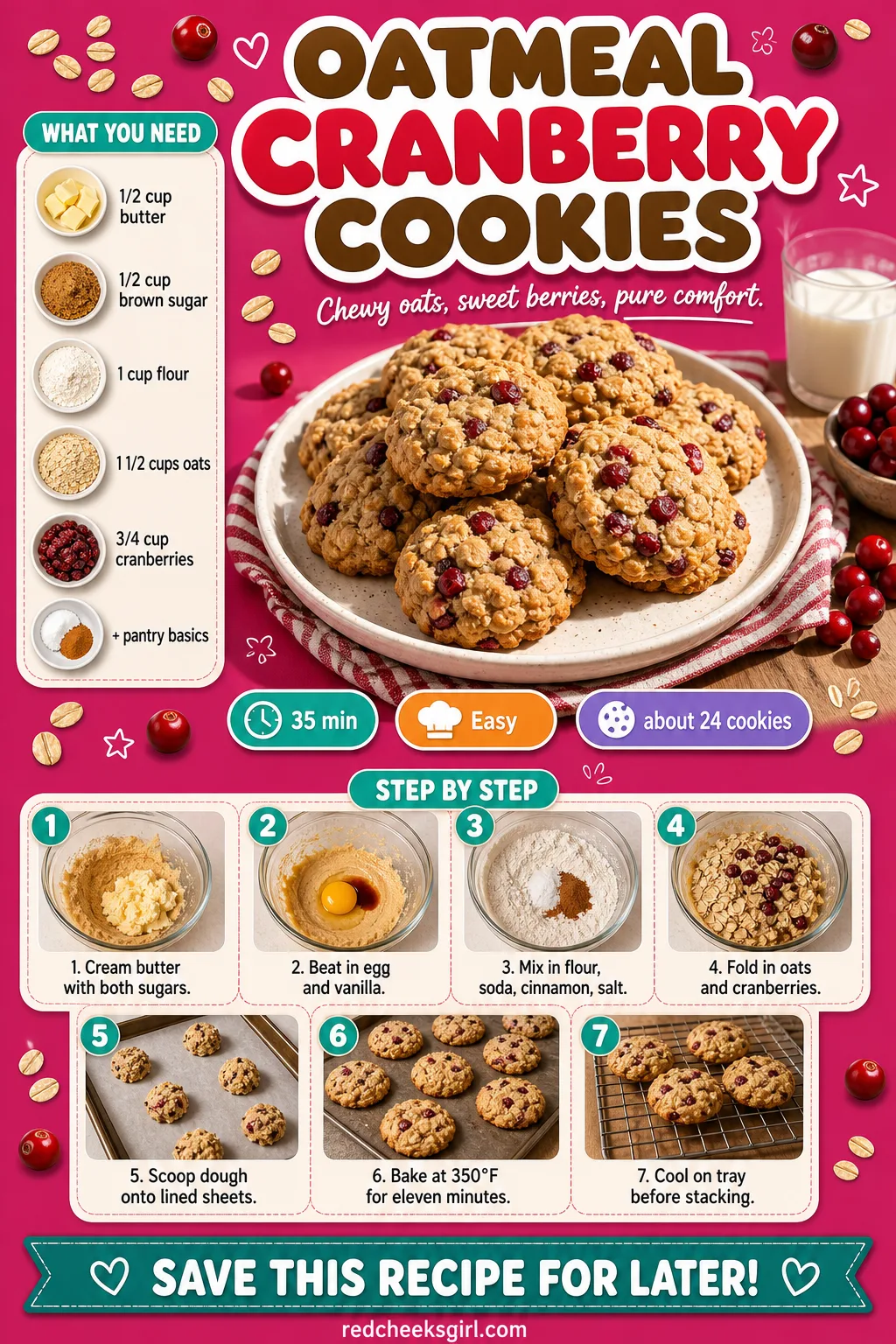Oatmeal Cranberry Cookies Recipe Card printable sheet — Printable card with ingredients and steps for oatmeal cranberry cookies. Easy christmas cookies
