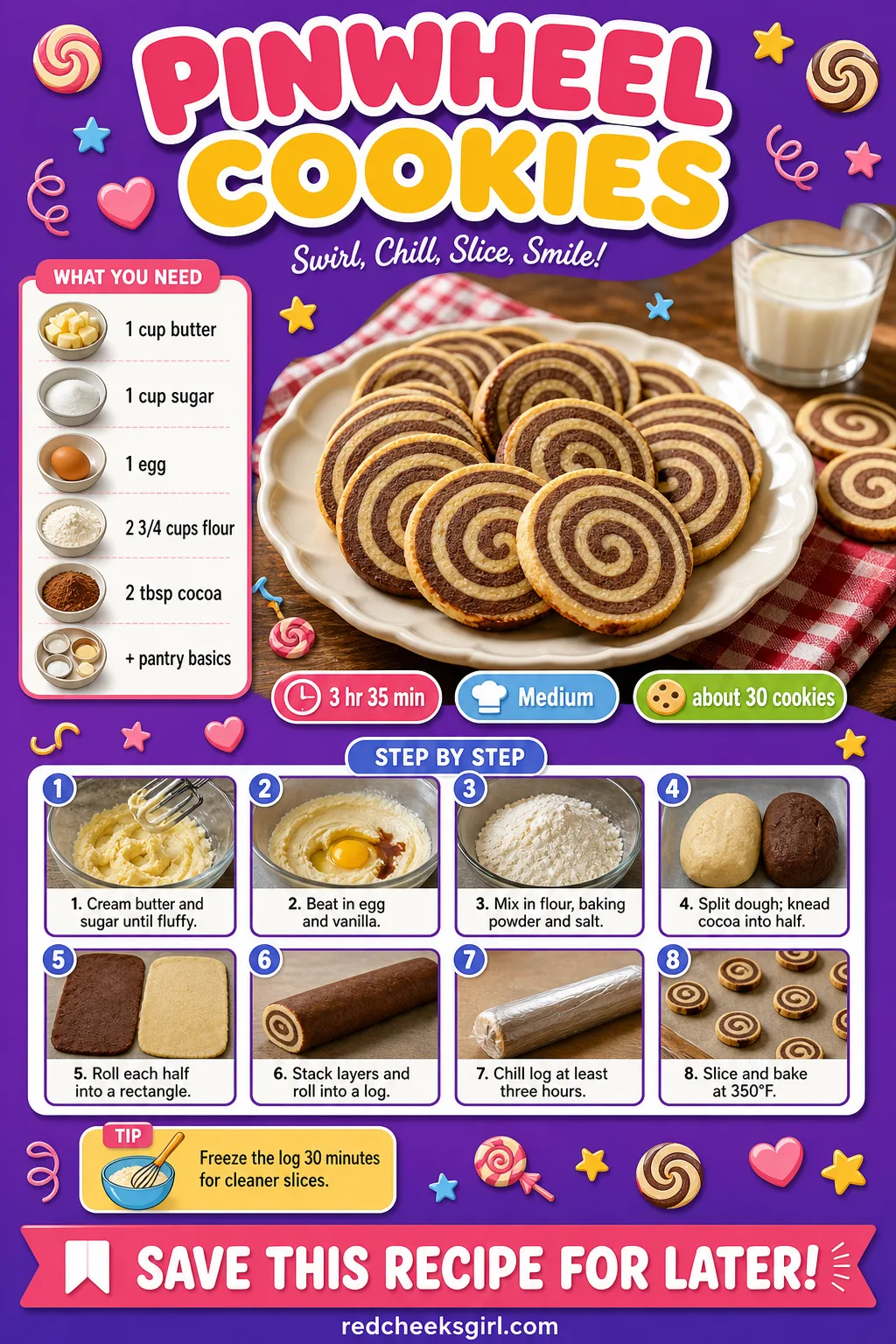 Pinwheel Cookies Recipe Card printable sheet — Printable card with ingredients and steps for pinwheel cookies. Easy christmas cookies