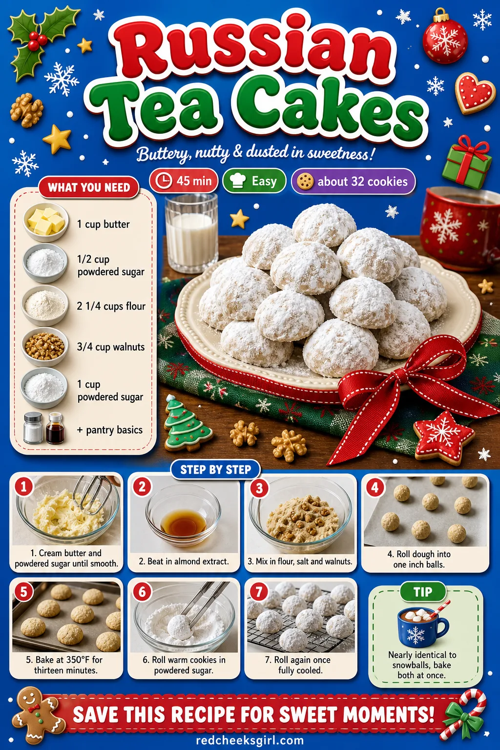 Russian Tea Cakes Recipe Card printable sheet — Printable card with ingredients and steps for Russian tea cakes. Easy christmas cookies