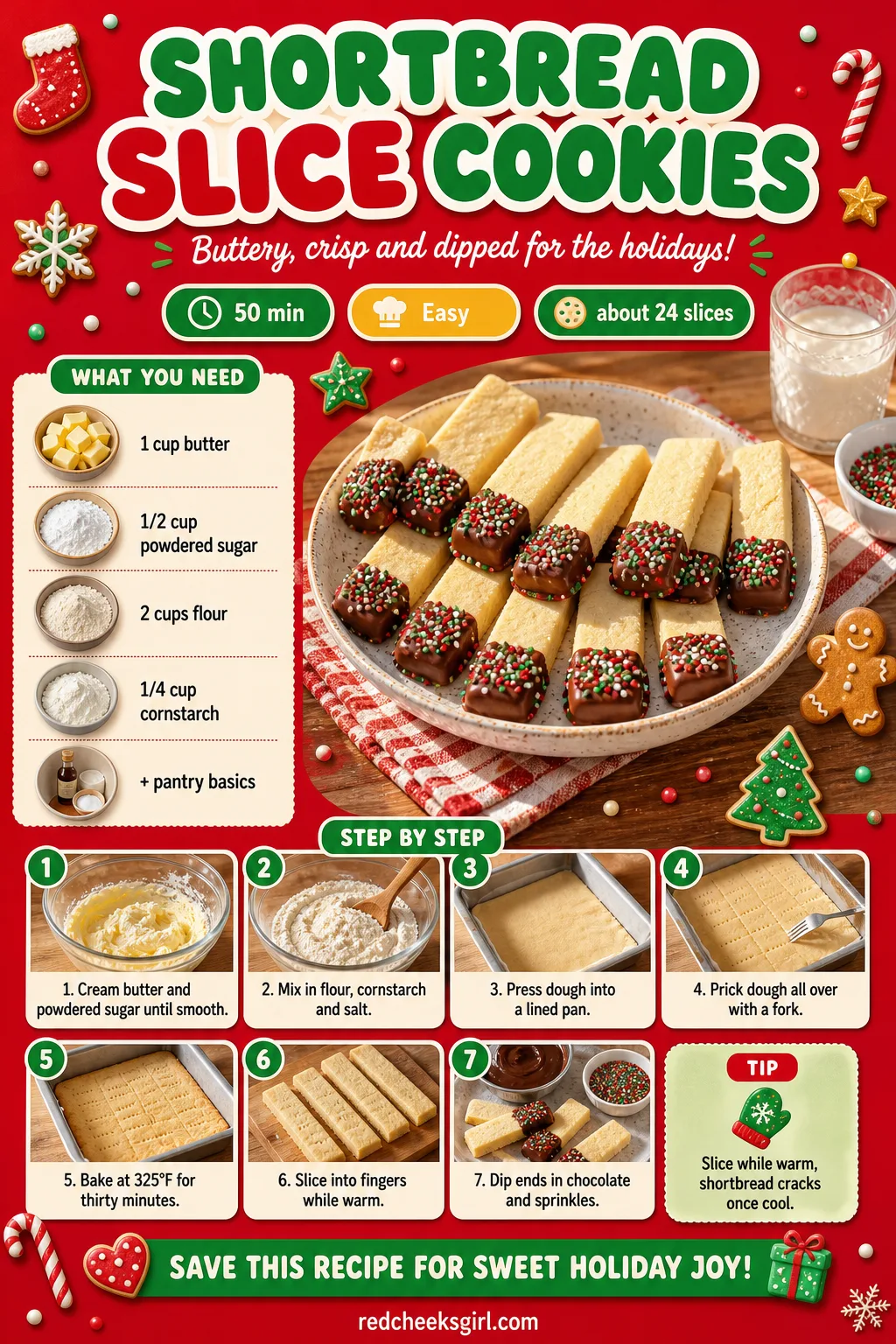 Shortbread Slice Cookies Recipe Card printable sheet — Printable card with ingredients and steps for shortbread slice cookies. Easy christmas cookies