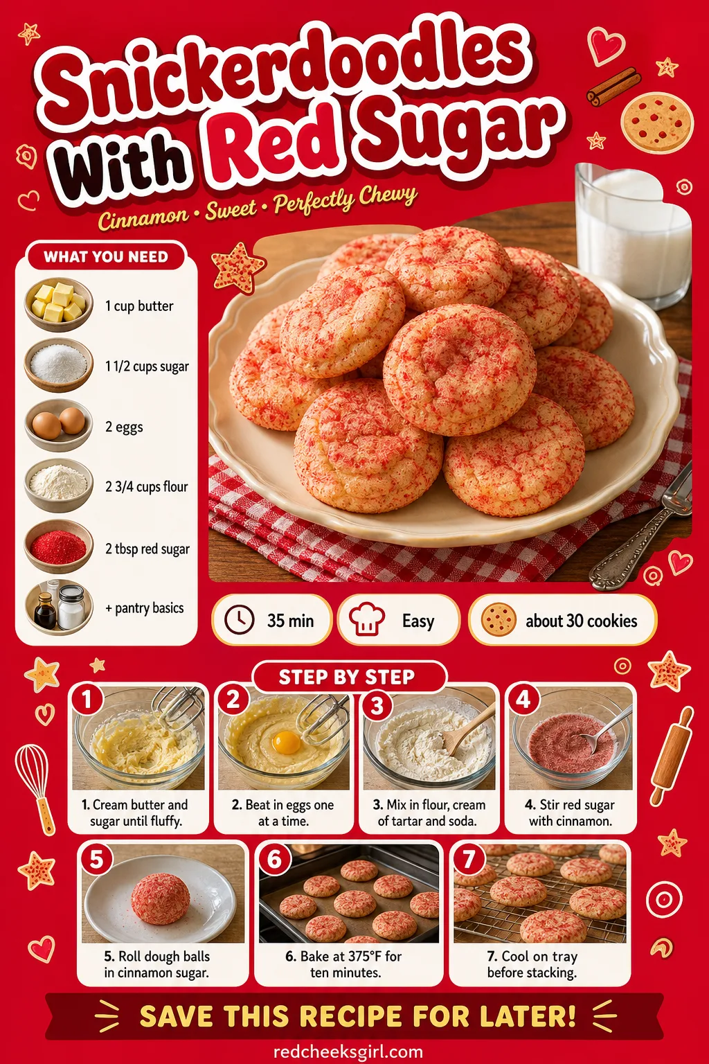 Snickerdoodles With Red Sugar Recipe Card printable sheet — Printable card with ingredients and steps for snickerdoodles with red sugar. Easy christmas cookies