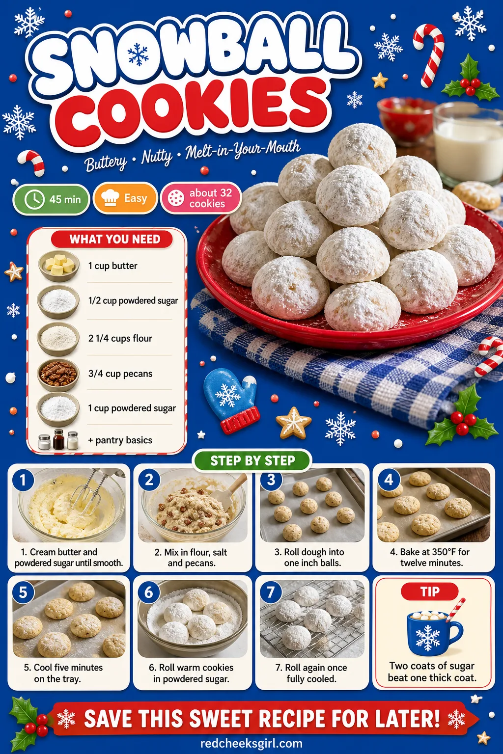 Snowball Cookies Recipe Card printable sheet — Printable card with ingredients and steps for snowball cookies. Easy christmas cookies