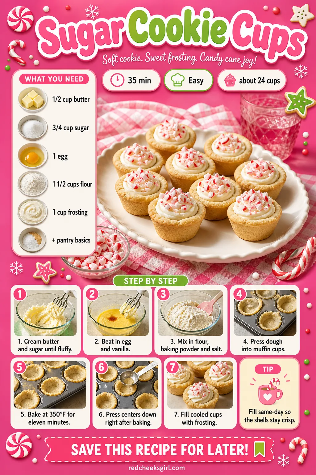 Sugar Cookie Cups Recipe Card printable sheet — Printable card with ingredients and steps for sugar cookie cups. Easy christmas cookies