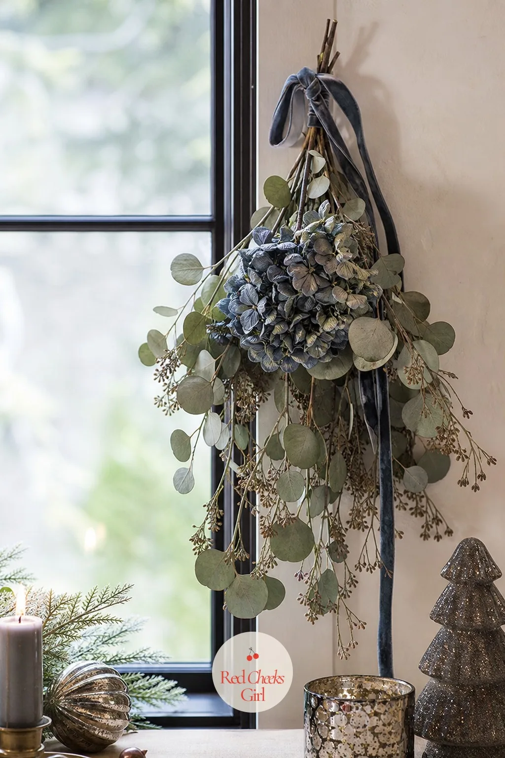Dried Hydrangea and Eucalyptus Window Swag — Fresh greenery wilts in a heated room within days, which is a disappointing way to greet guests on the big night