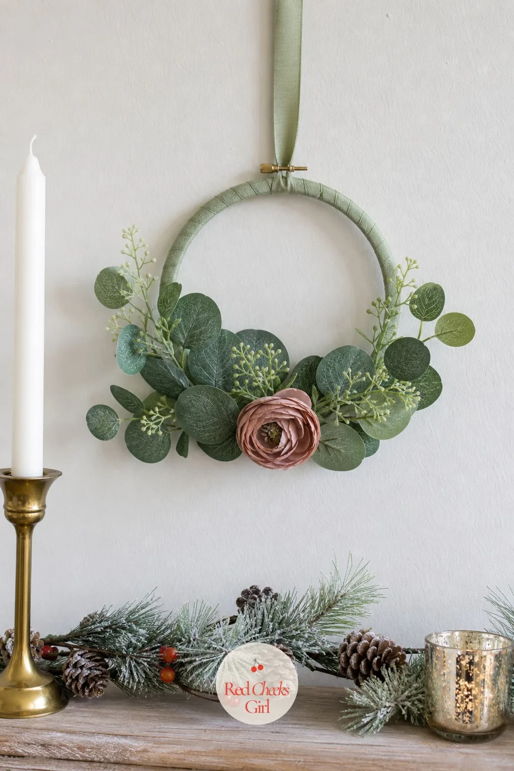 Embroidery Hoop Wreath With Faux Eucalyptus — A full sized wreath takes real floral wire and an afternoon she does not have before the party. Easy christmas