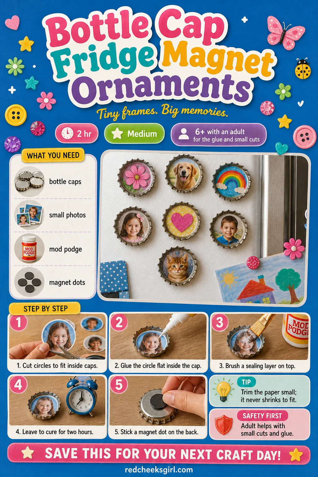 Bottle Cap Fridge Magnet Ornaments Craft Card printable sheet — Printable card with the finished bottle cap magnet photo and five step method. Easy christmas