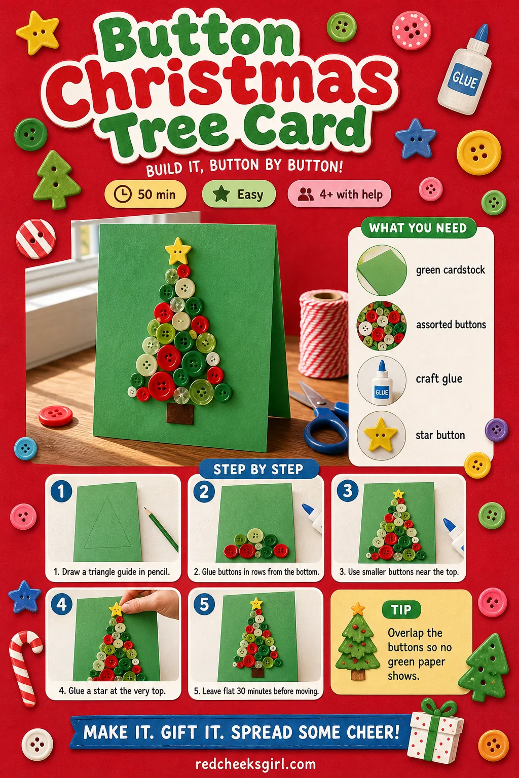 Button Christmas Tree Card Craft Card printable sheet — Printable card with the finished button tree card photo and five step method. Easy christmas crafts for