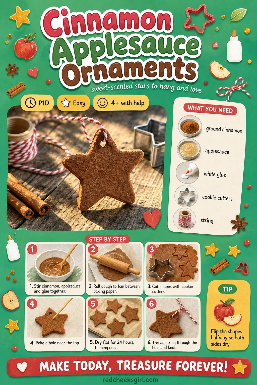 Cinnamon Applesauce Ornaments Craft Card printable sheet — Printable card showing the no-bake cinnamon dough ornament method and 24 hour drying note. Easy