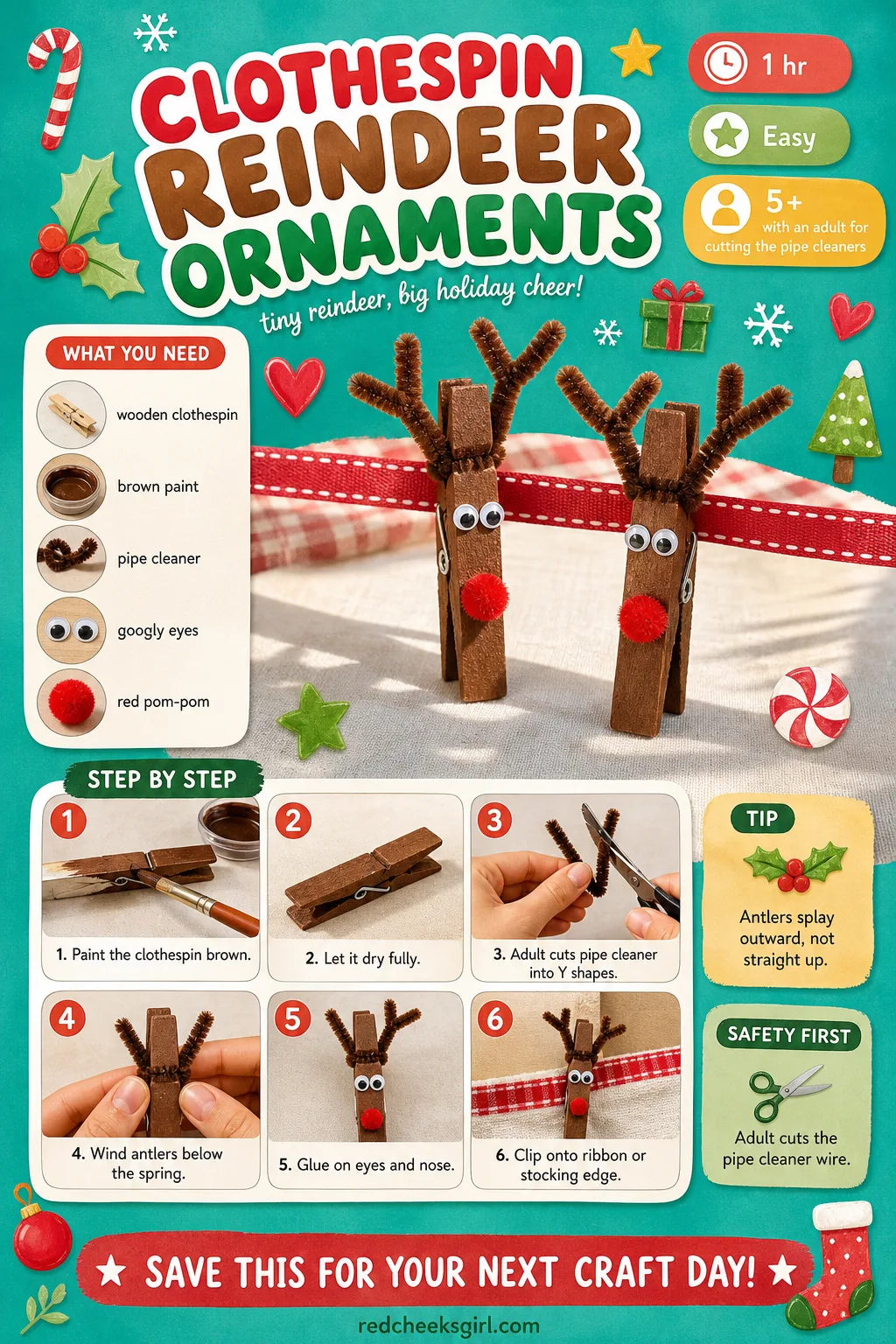 Clothespin Reindeer Ornaments Craft Card printable sheet — Printable card with the finished clothespin reindeer photo and five step method. Easy christmas