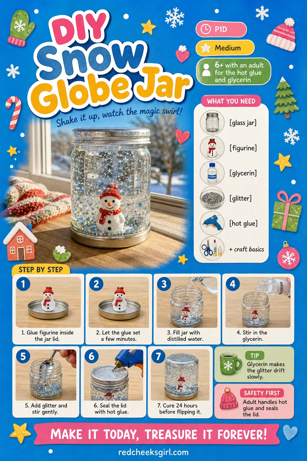 DIY Snow Globe Jar Craft Card printable sheet — Printable card with the finished snow globe jar photo and six step method. Easy christmas crafts for kids