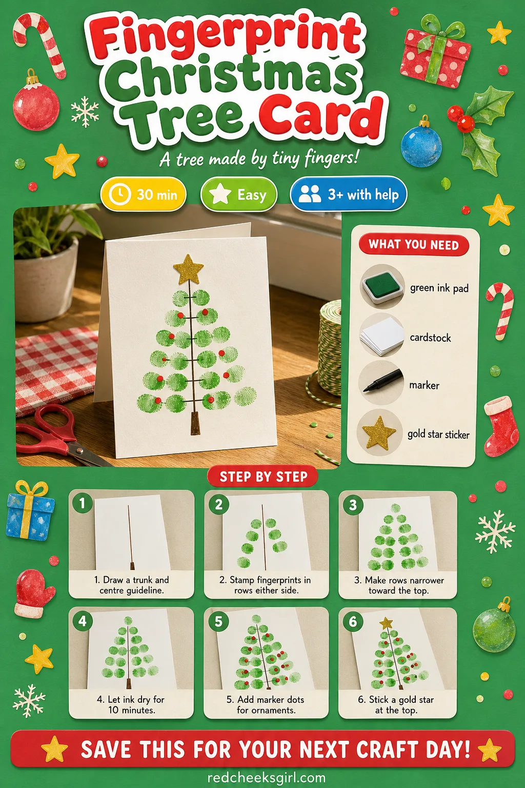 Fingerprint Christmas Tree Card Craft Card printable sheet — Printable card with the finished fingerprint tree card photo and five step method. Easy christmas