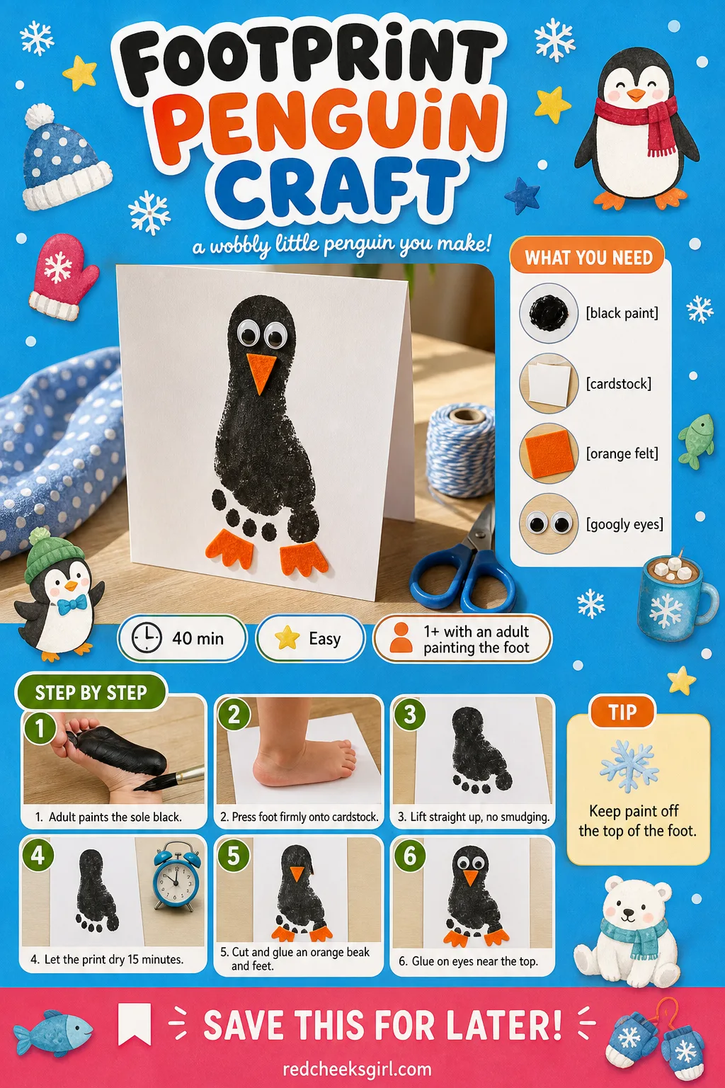 Footprint Penguin Craft Craft Card printable sheet — Printable card with the finished footprint penguin photo and five step method. Easy christmas crafts for