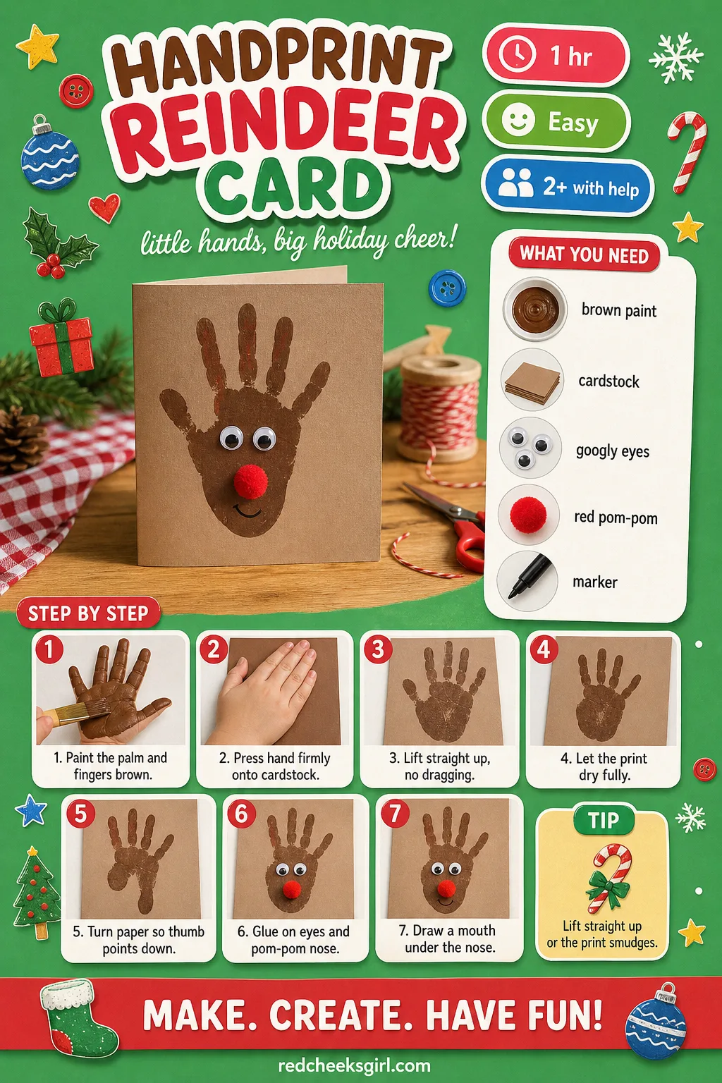Handprint Reindeer Card Craft Card printable sheet — Printable card with the finished handprint reindeer card photo and five step method. Easy christmas crafts