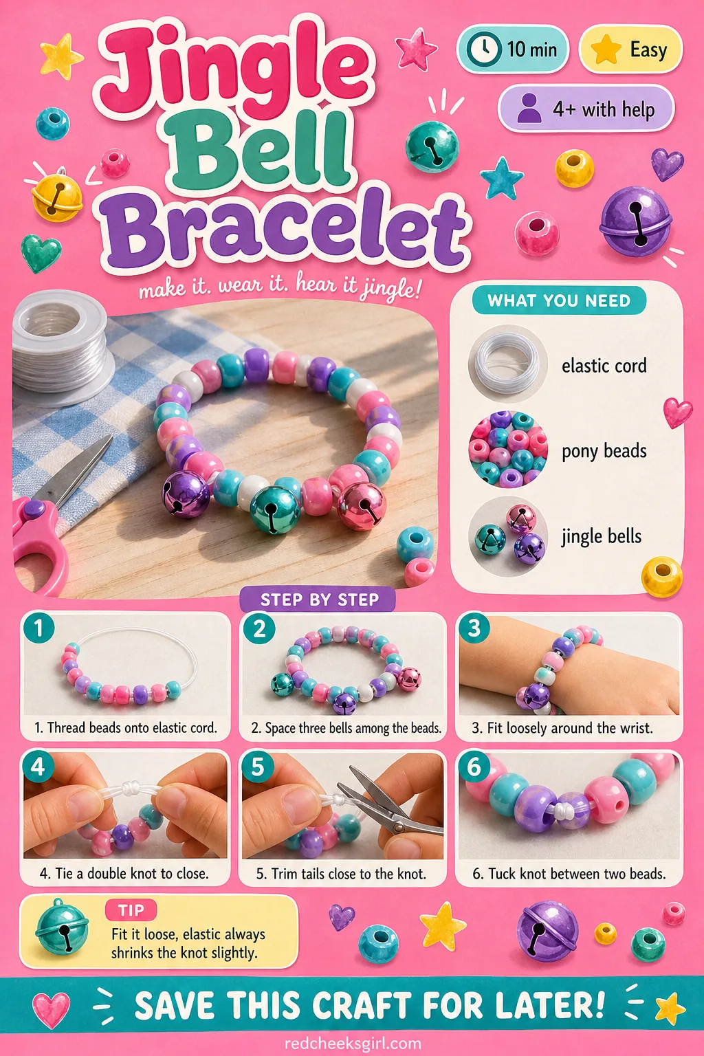 Jingle Bell Bracelet Craft Card printable sheet — Printable card with the finished jingle bell bracelet photo and four step method. Easy christmas crafts for