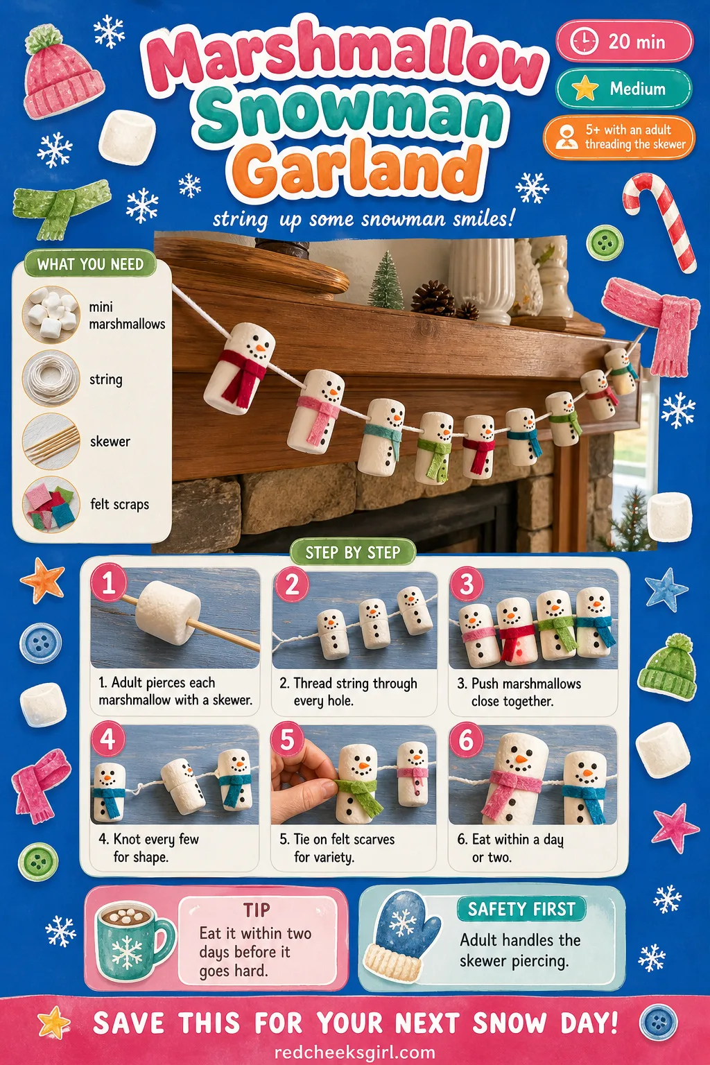 Marshmallow Snowman Garland Craft Card printable sheet — Printable card with the finished marshmallow garland photo and five step method. Easy christmas crafts