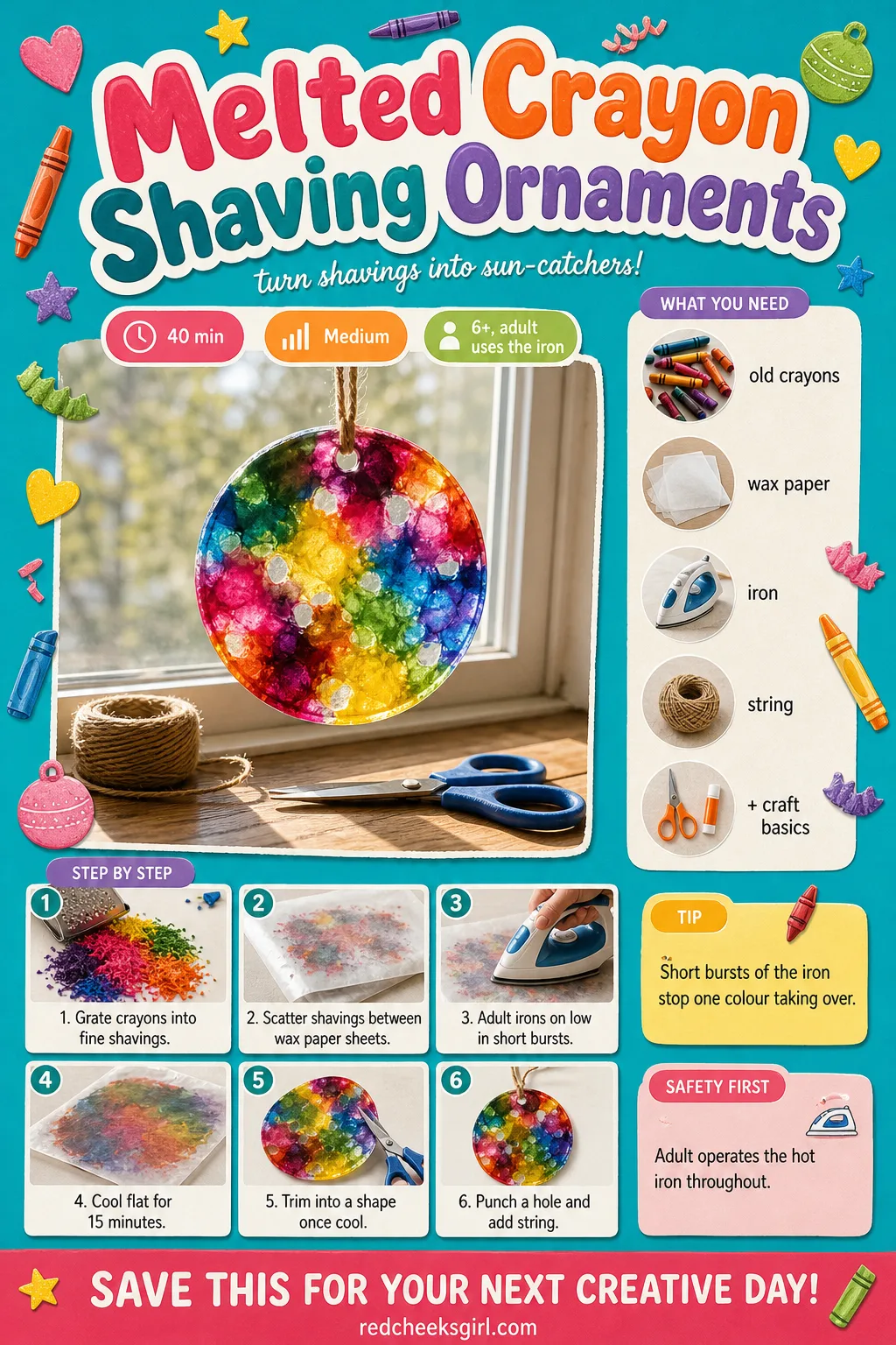 Melted Crayon Shaving Ornaments Craft Card printable sheet — Printable card with the finished stained glass crayon ornament photo and five step ironing method.
