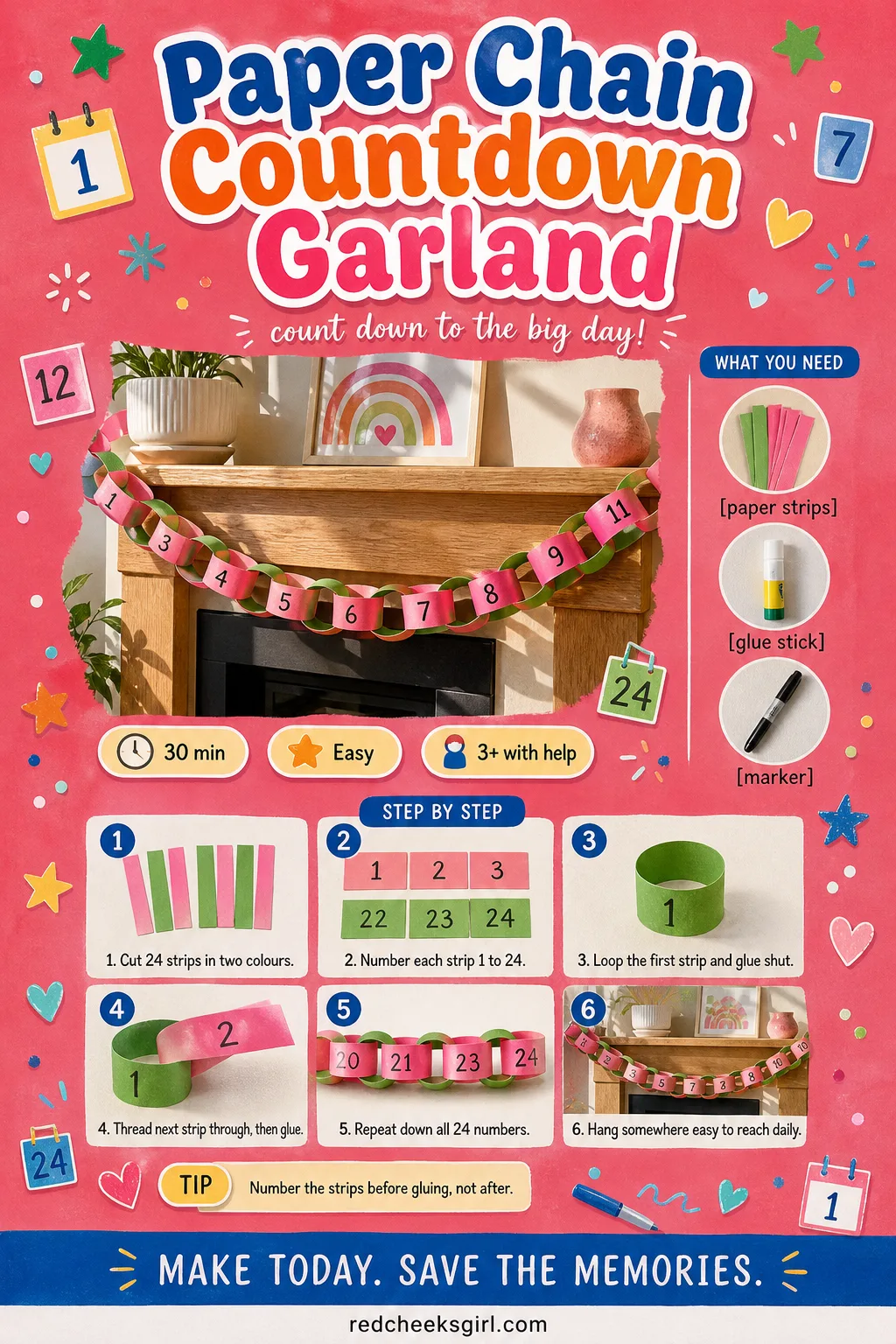 Paper Chain Countdown Garland Craft Card printable sheet — Printable card with the finished numbered paper chain photo and five step method. Easy christmas