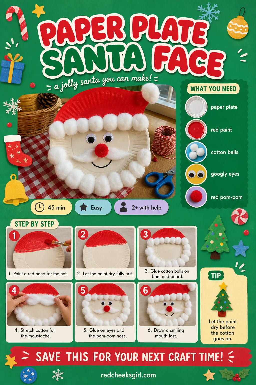 Paper Plate Santa Face Craft Card printable sheet — Printable card with the finished Santa face plate photo and six step cotton ball method. Easy christmas