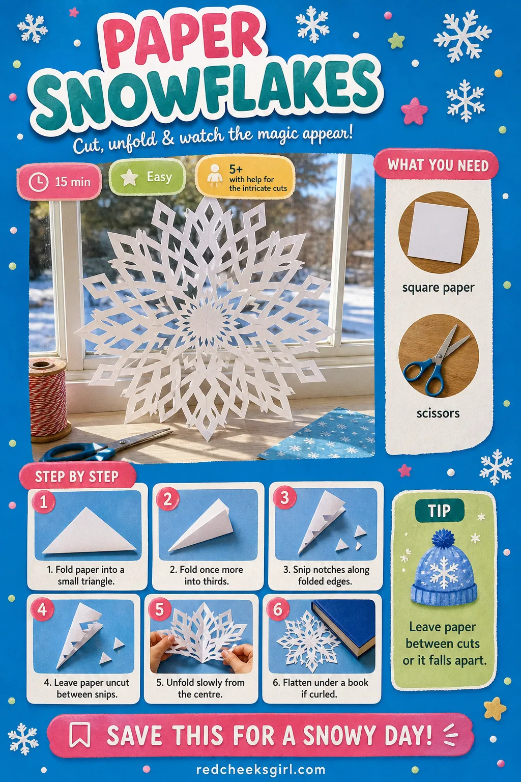 Paper Snowflakes Craft Card printable sheet — Printable card with the finished cut paper snowflake photo and five step fold and cut method. Easy christmas