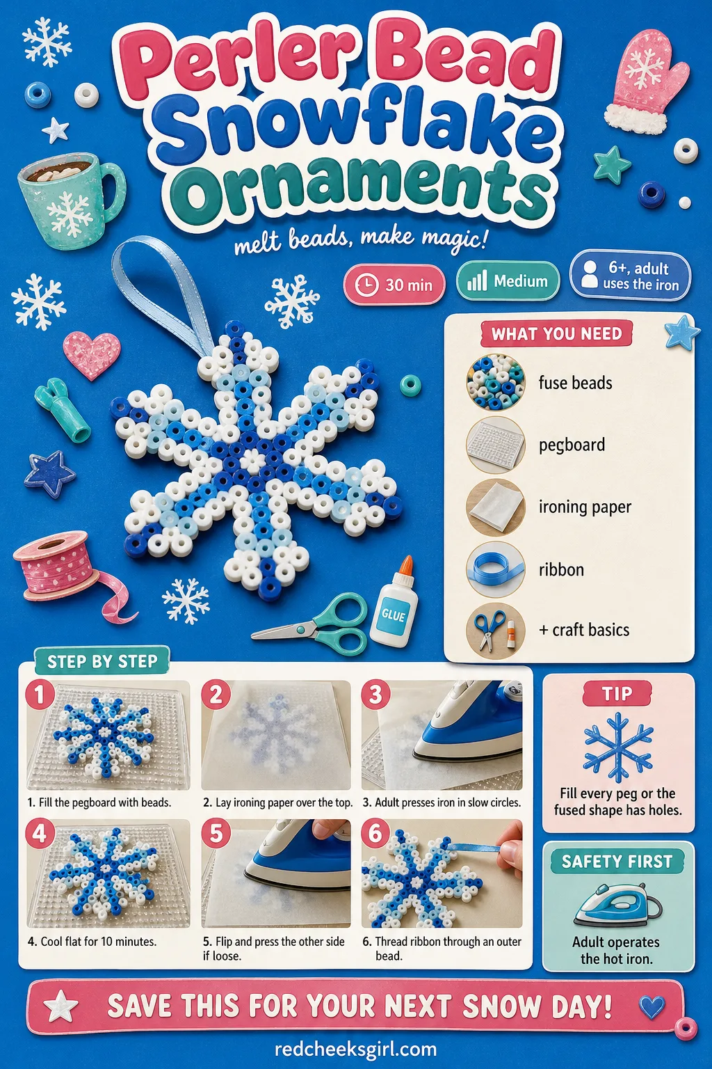 Perler Bead Snowflake Ornaments Craft Card printable sheet — Printable card with the finished fused bead snowflake photo and six step method. Easy christmas