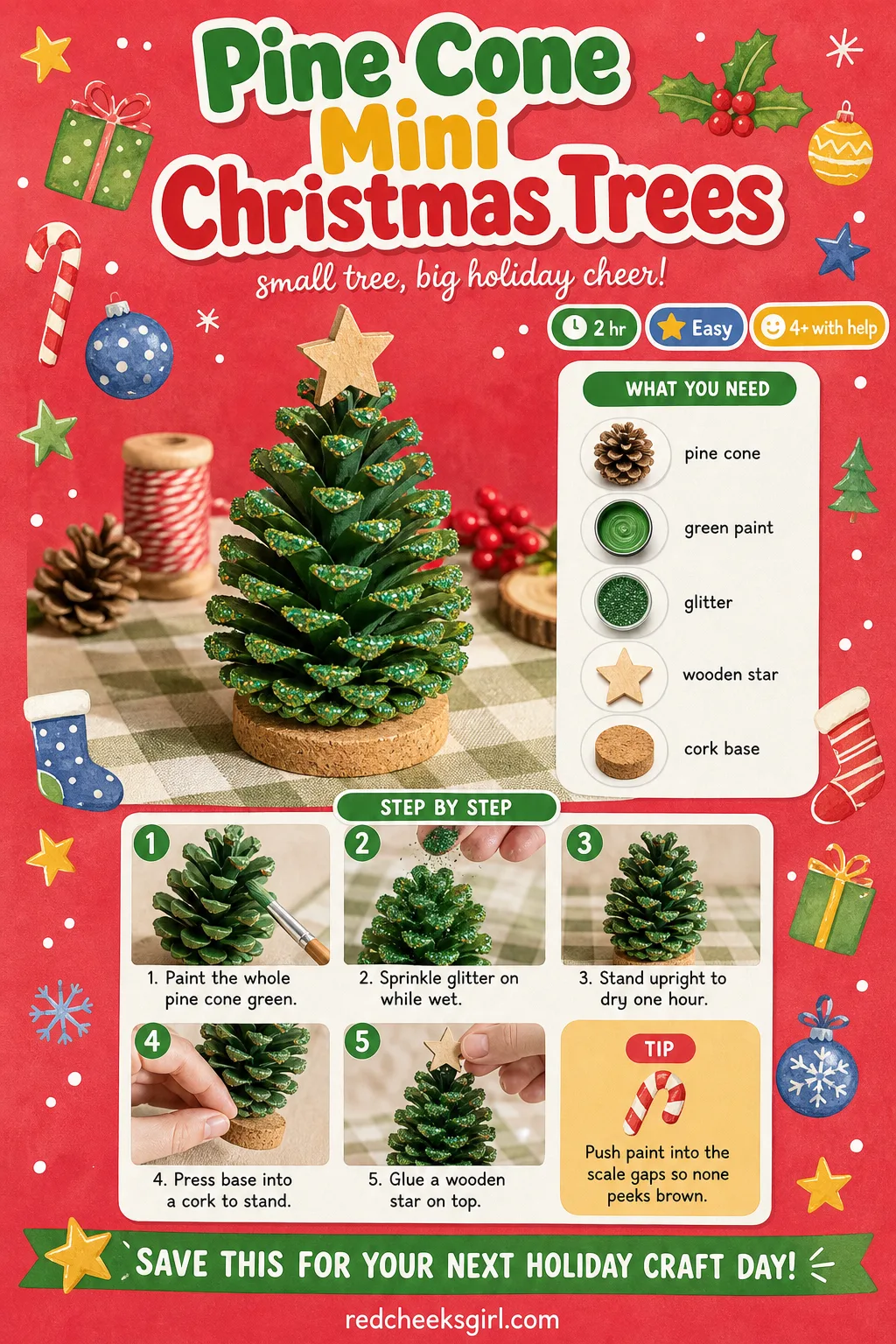 Pine Cone Mini Christmas Trees Craft Card printable sheet — Printable card with the painted glitter pine cone tree photo and five step method. Easy christmas