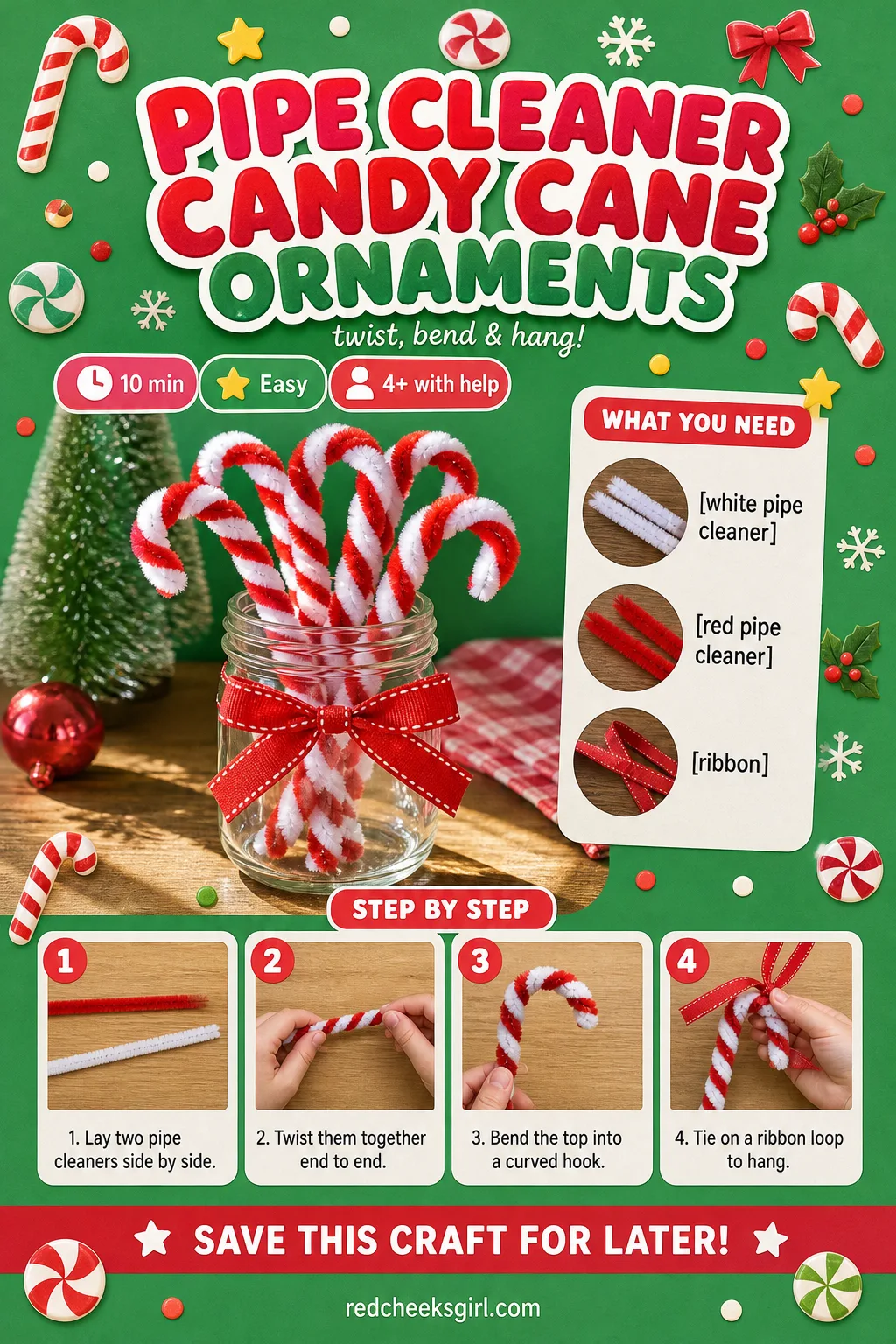 Pipe Cleaner Candy Cane Ornaments Craft Card printable sheet — Printable card with the finished twisted candy cane photo and three step method. Easy christmas