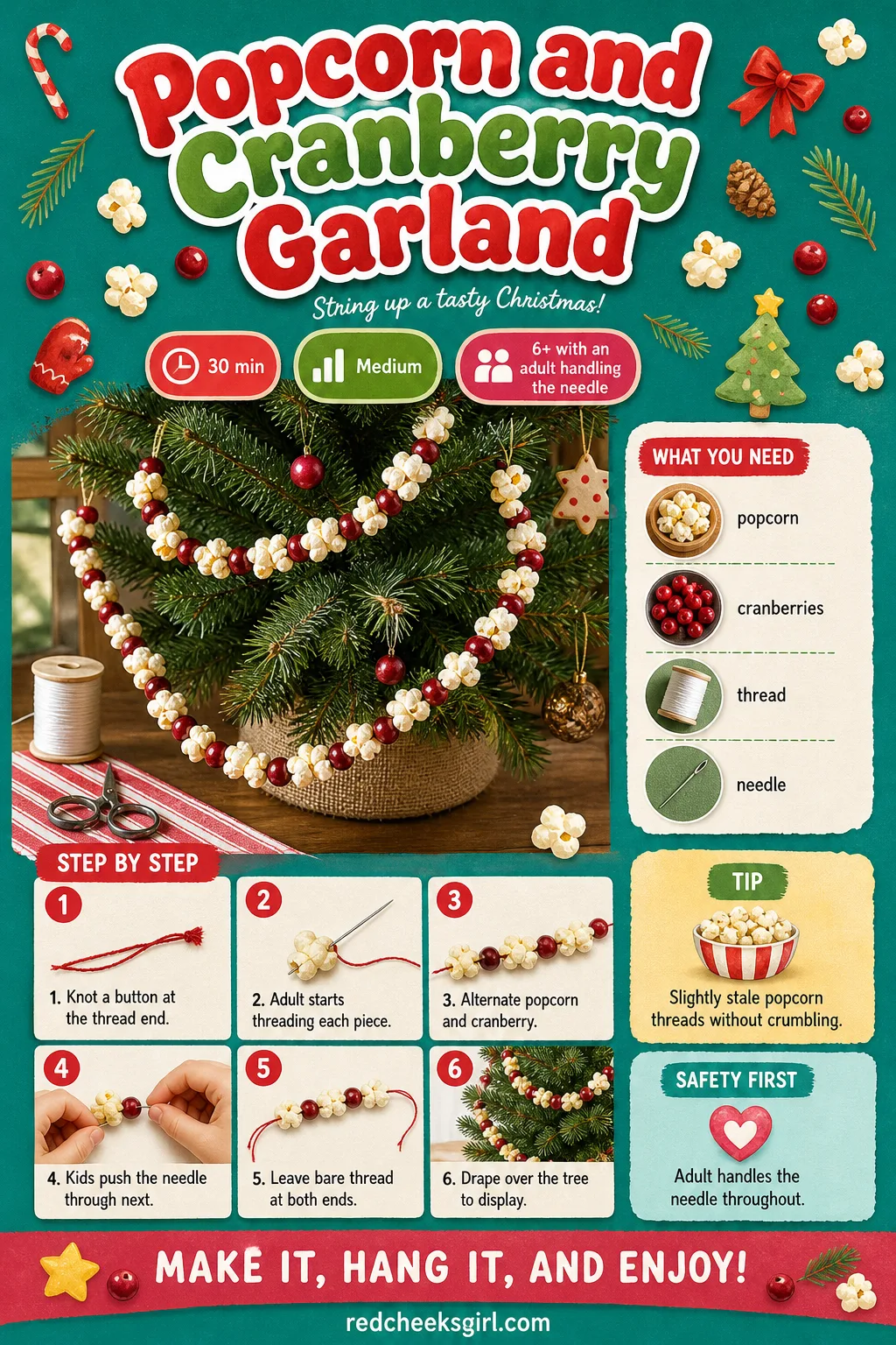 Popcorn and Cranberry Garland Craft Card printable sheet — Printable card with the finished popcorn cranberry garland photo and five step method. Easy