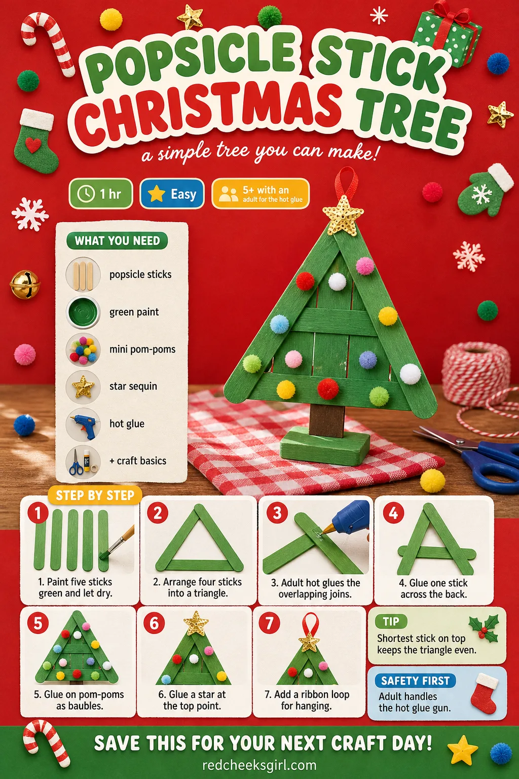Popsicle Stick Christmas Tree Craft Card printable sheet — Printable card showing the finished green popsicle stick tree and six step glue method. Easy