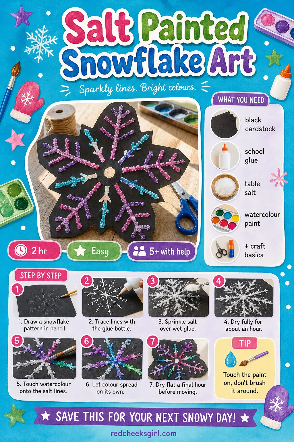 Salt Painted Snowflake Art Craft Card printable sheet — Printable card with the finished salt painted snowflake photo and six step method. Easy christmas