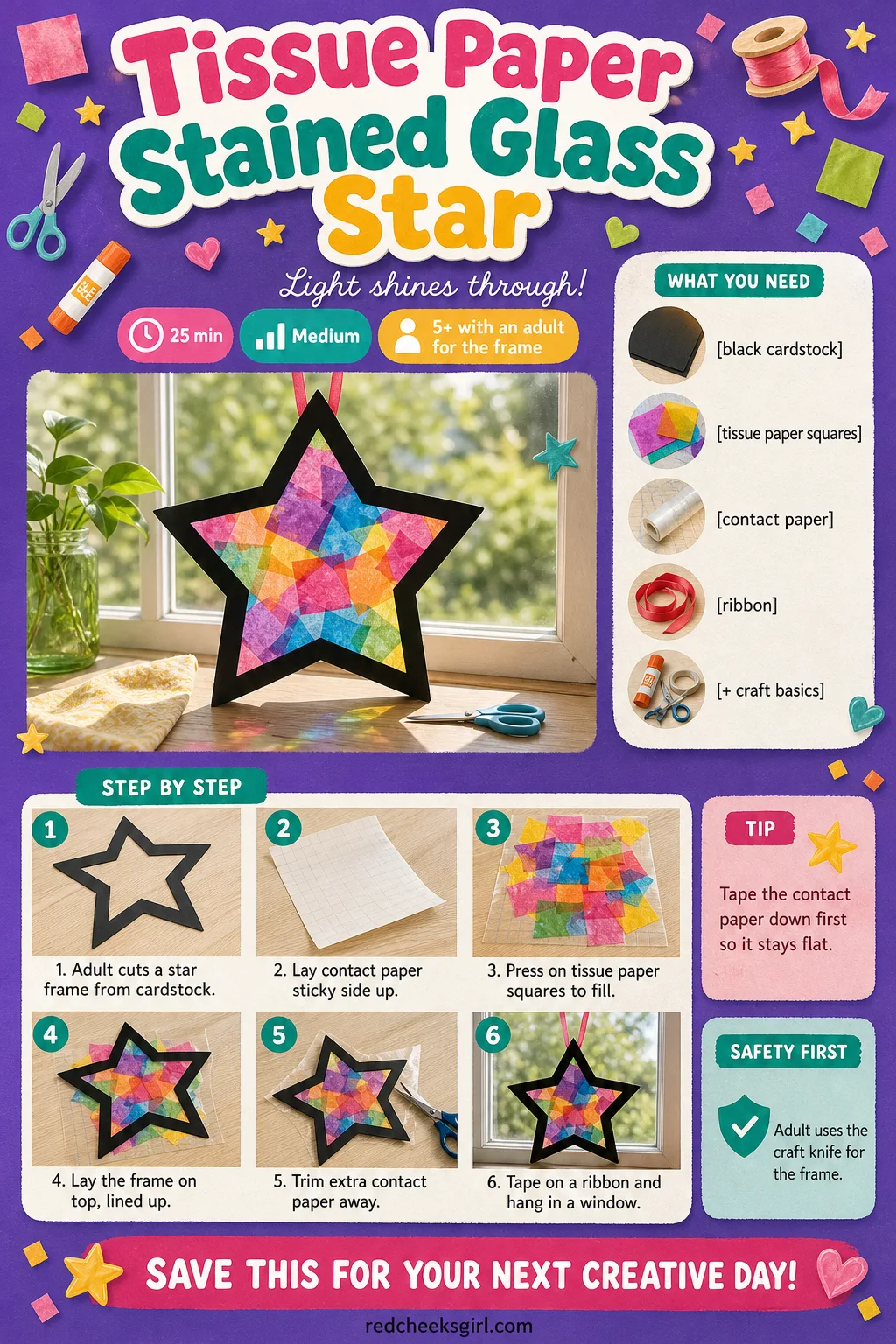 Tissue Paper Stained Glass Star Craft Card printable sheet — Printable card with the finished sun catcher star photo and six step method. Easy christmas crafts