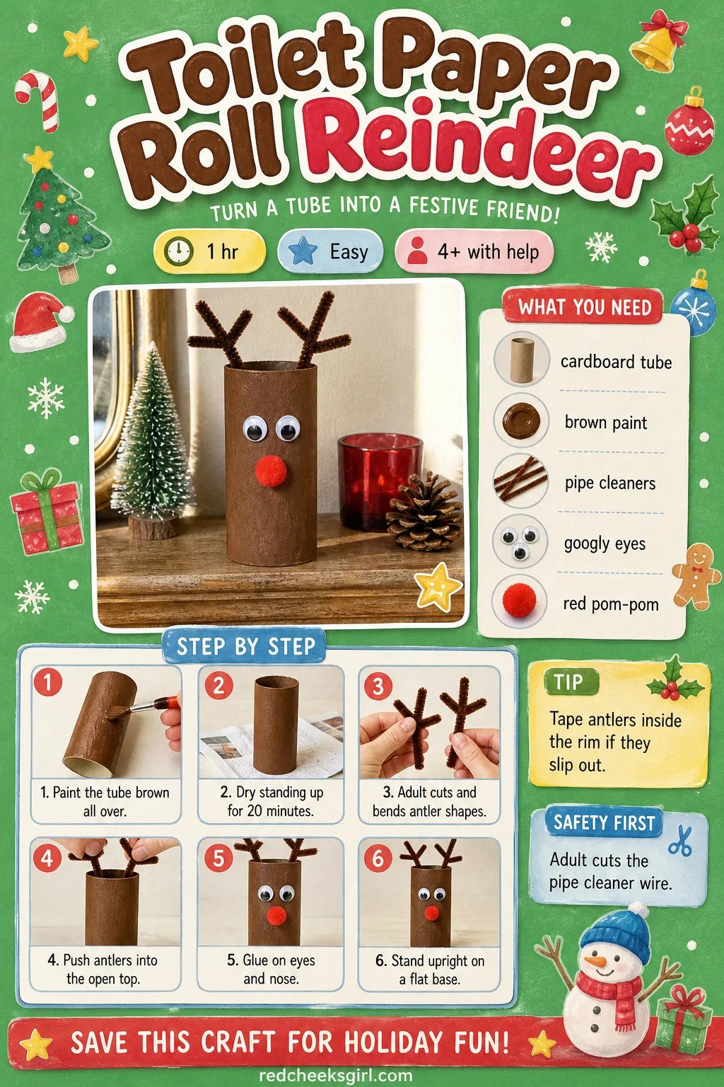 Toilet Paper Roll Reindeer Craft Card printable sheet — Printable card with the finished cardboard tube reindeer photo and five step method. Easy christmas